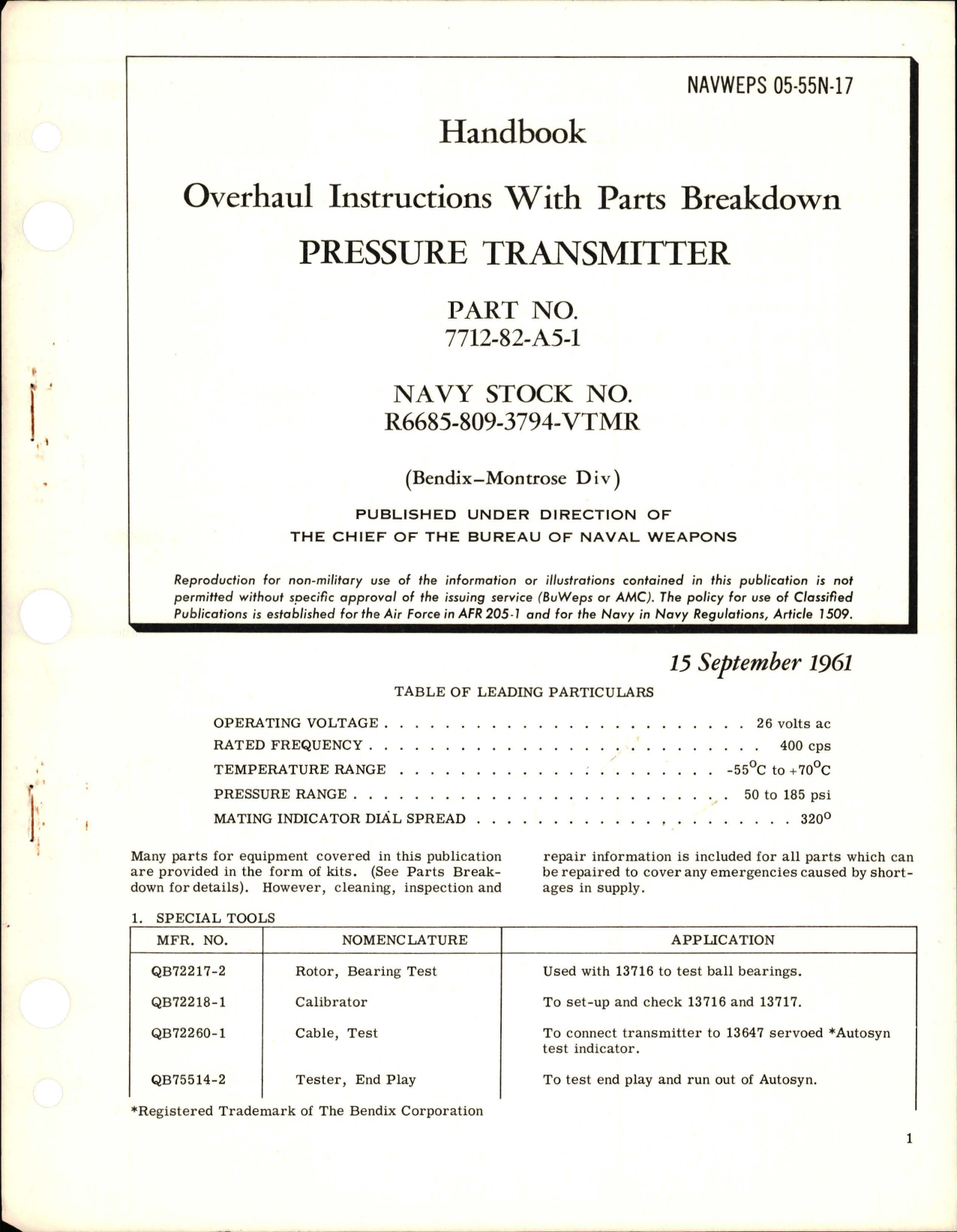 Sample page 1 from AirCorps Library document: Overhaul Instructions with Parts Breakdown for Pressure Transmitter - Part 7712-82-A5-1