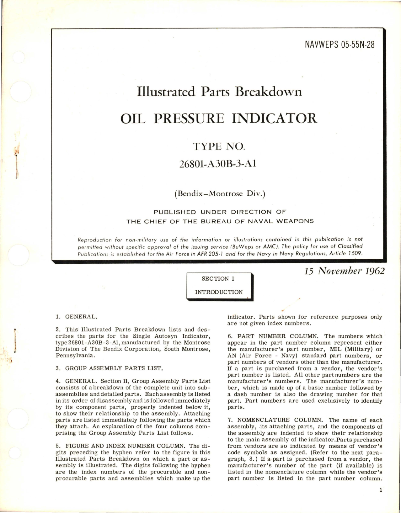 Sample page 1 from AirCorps Library document: Illustrated Parts Breakdown for Oil Pressure Indicator - Type 26801-A30B-3-A1