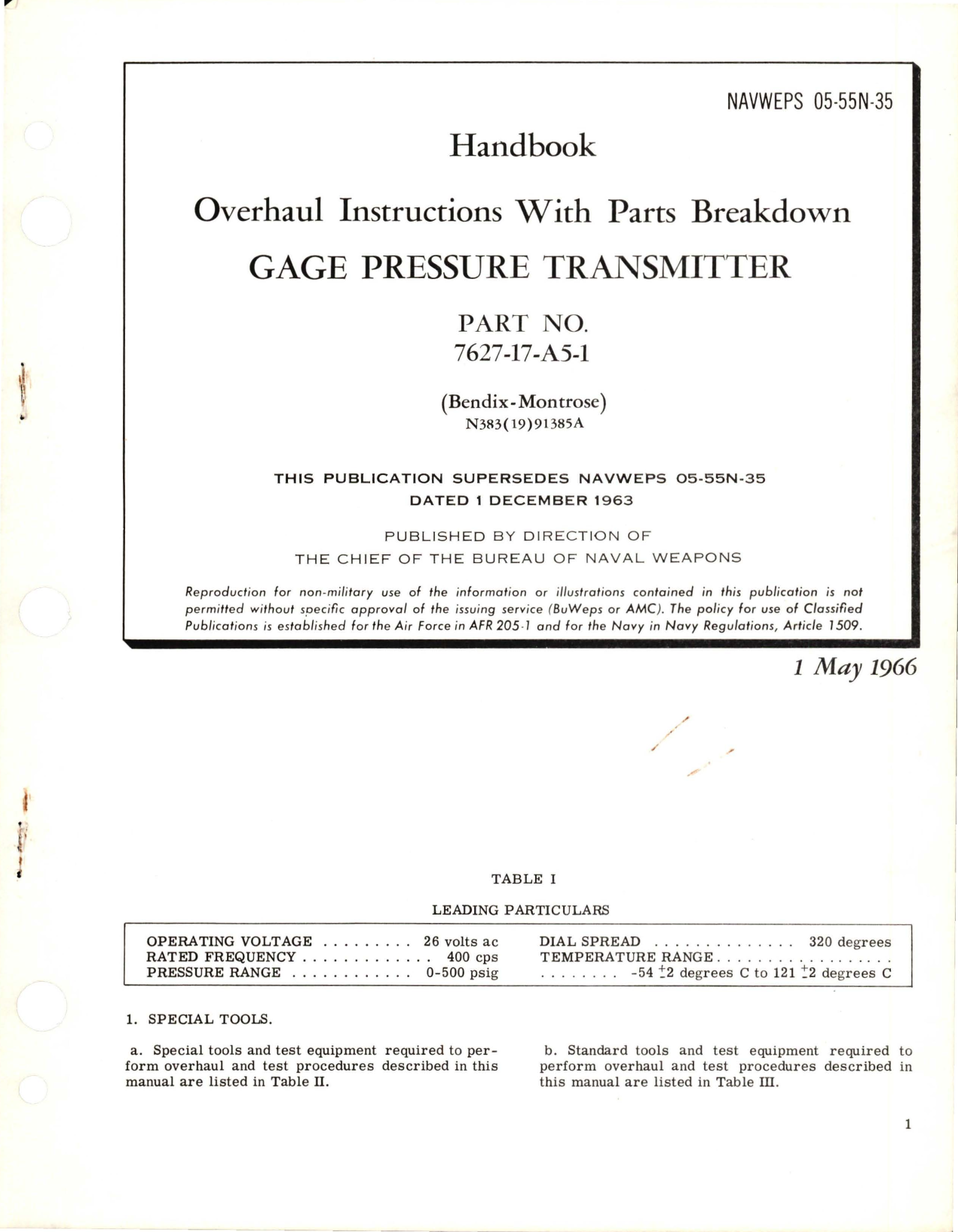 Sample page 1 from AirCorps Library document: Overhaul Instructions with Parts Breakdown for Gage Pressure Transmitter - Part 7627-17-A5-1