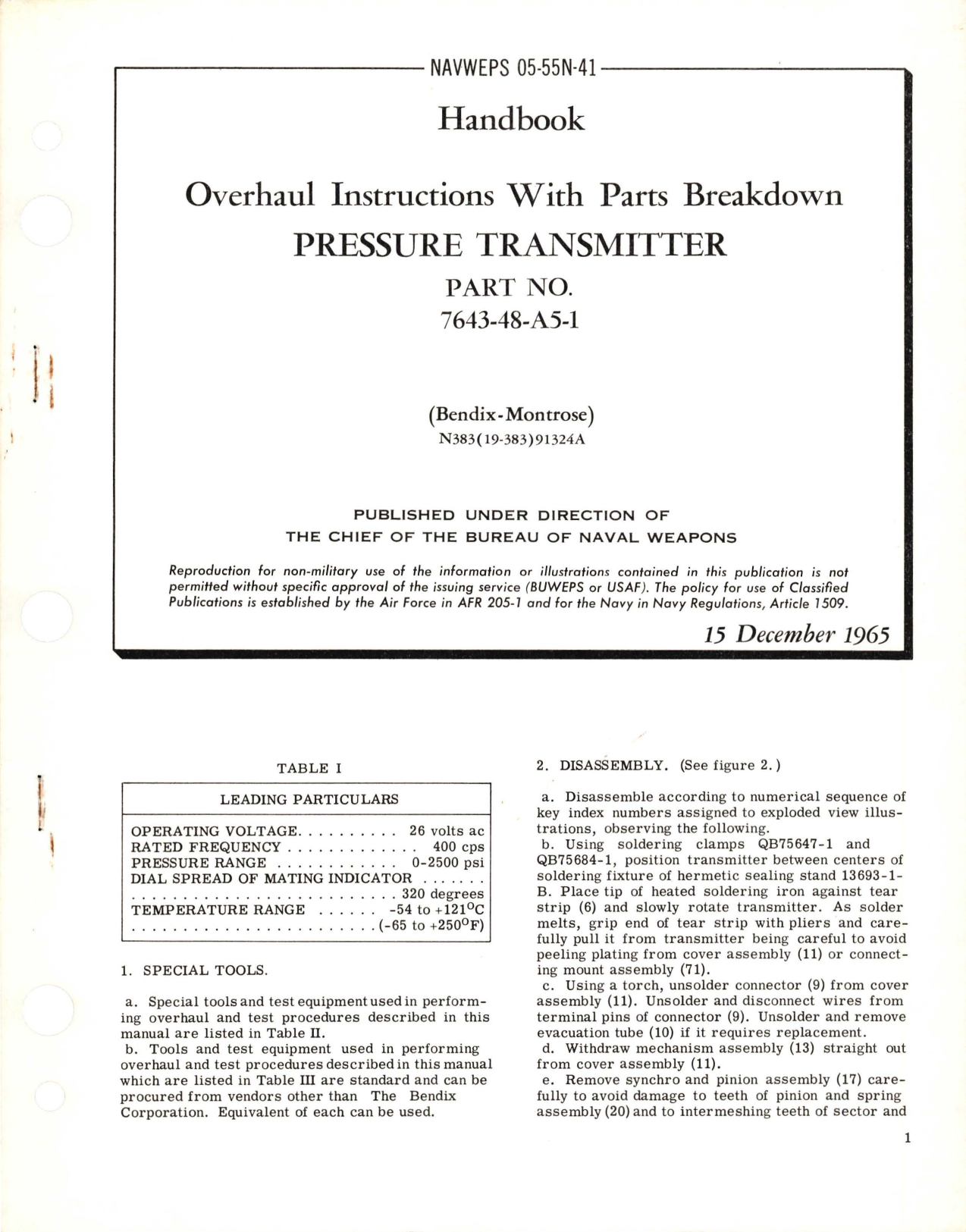 Sample page 1 from AirCorps Library document: Overhaul Instructions with Parts Breakdown for Pressure Transmitter - Part 7643-48-A5-1