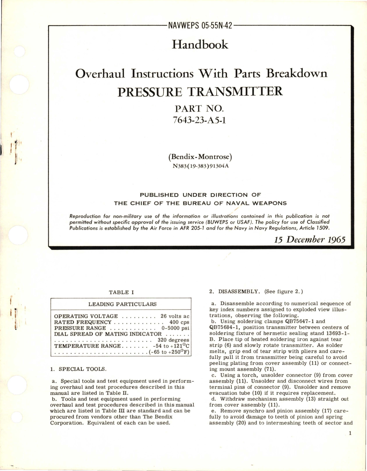 Sample page 1 from AirCorps Library document: Overhaul Instructions with Parts Breakdown for Pressure Transmitter - Part 7643-23-A5-1