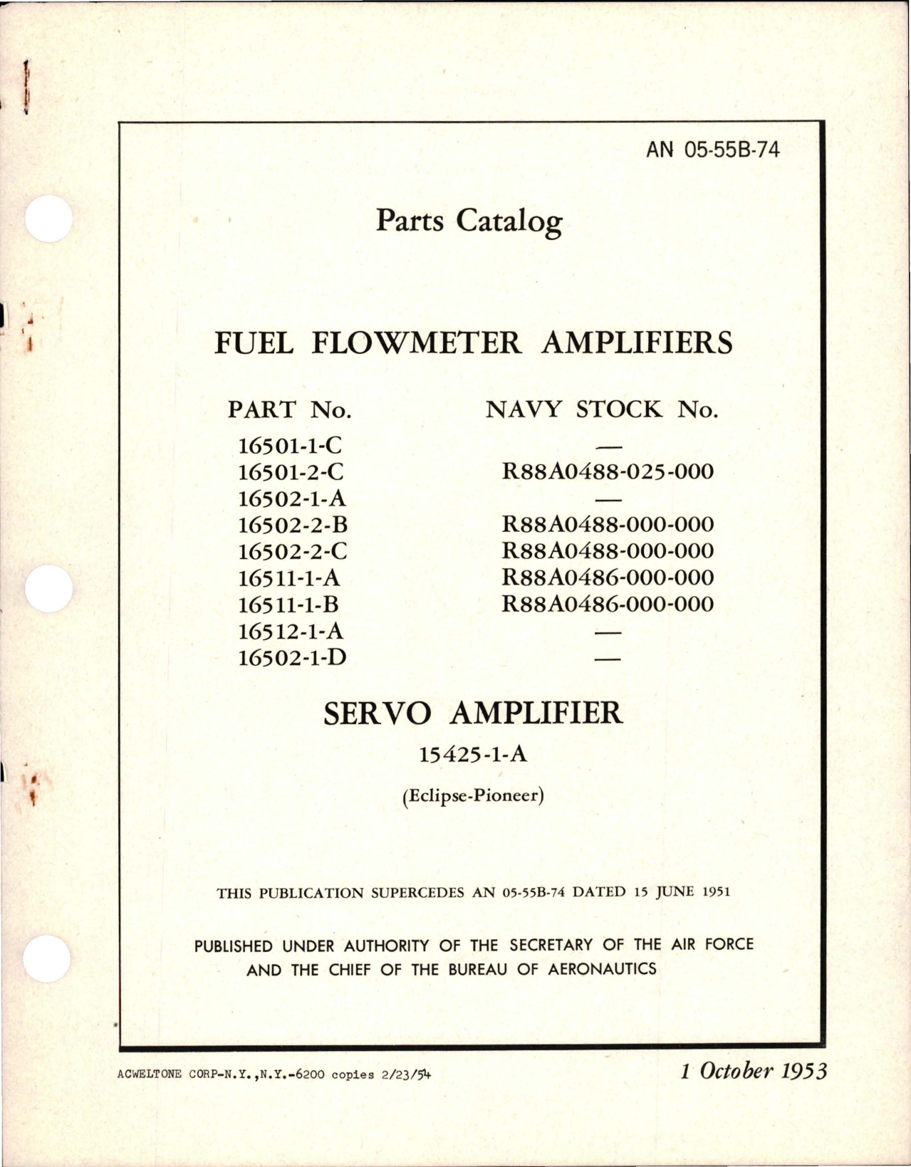 Sample page 1 from AirCorps Library document: Parts Catalog for Fuel Flowmeter Amplifiers and Servo Amplifier