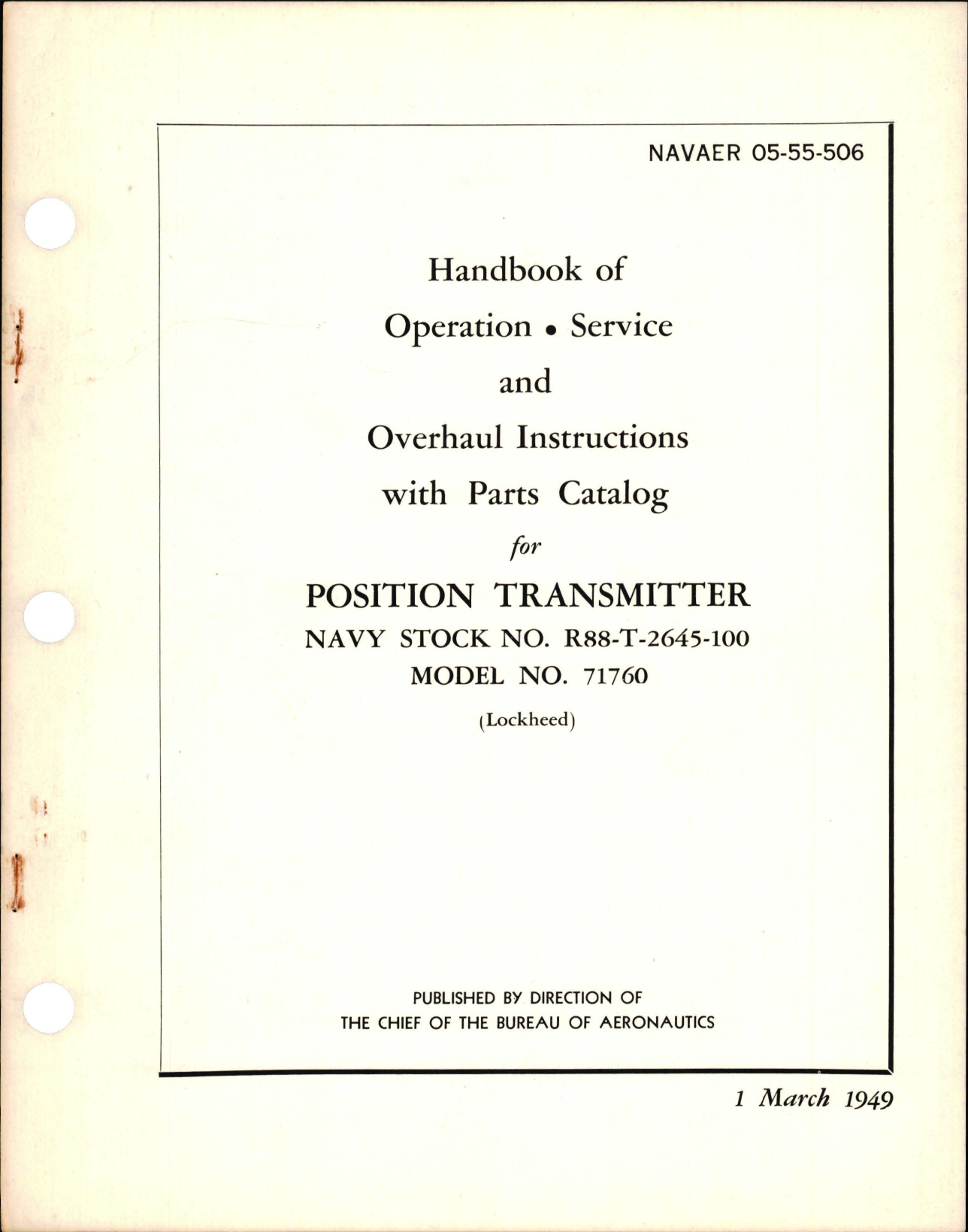 Sample page 1 from AirCorps Library document: Operation, Service and Overhaul Instructions with Parts Catalog for Position Transmitter - Model 71760