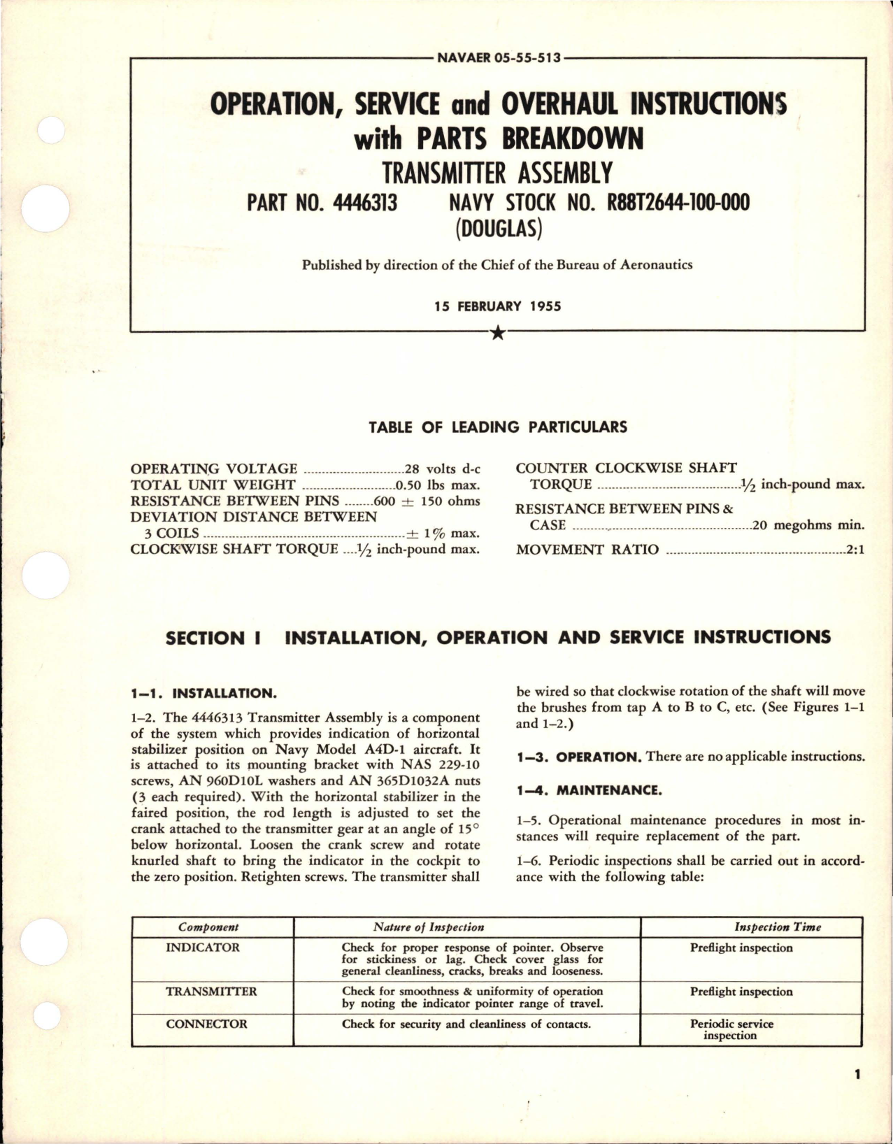 Sample page 1 from AirCorps Library document: Operation, Service and Overhaul Instructions with Parts Breakdown for Transmitter Assembly - Part 4446313