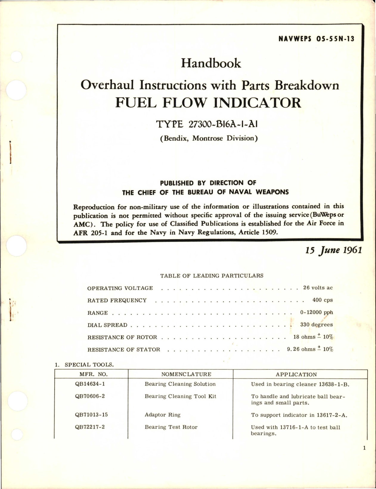 Sample page 1 from AirCorps Library document: Overhaul Instructions with Parts Breakdown for Fuel Flow Indicator - Type 27300-B16A-1-A1