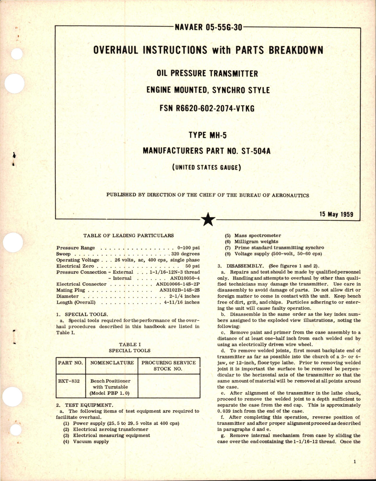 Sample page 1 from AirCorps Library document: Overhaul Instructions with Parts Breakdown for Synchro Style Engine Mounted Oil Pressure Transmitter - Type MH-5 - Part ST-504A 