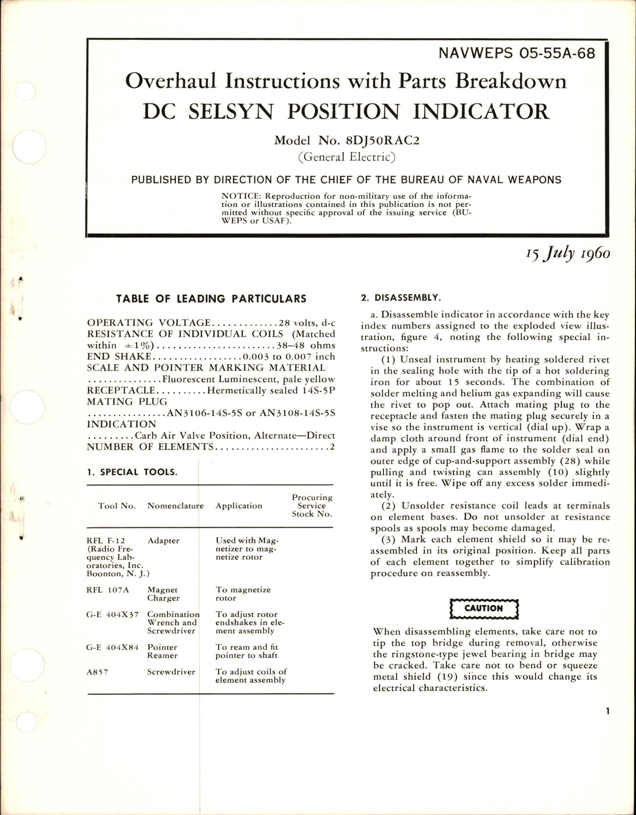 Sample page 1 from AirCorps Library document: Overhaul Instructions with Parts Breakdown for DC Selsyn Position Indicator - Model 8DJ50RAC2 