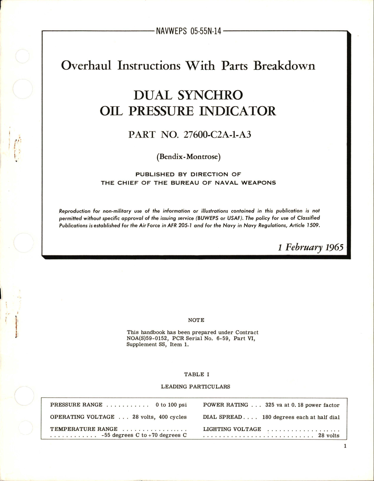 Sample page 1 from AirCorps Library document: Overhaul Instructions with Parts Breakdown for Dual Synchro Oil Pressure Indicator - Part 27600-C2A-1-A3