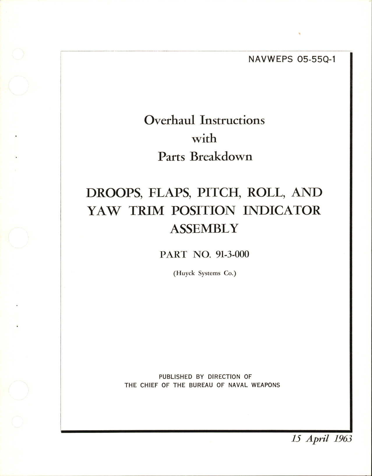 Sample page 1 from AirCorps Library document: Overhaul Instructions with Parts Breakdown for Droops, Flaps, Pitch, Roll and Yaw Trim Position Indicator Assembly - Part 91-3-000