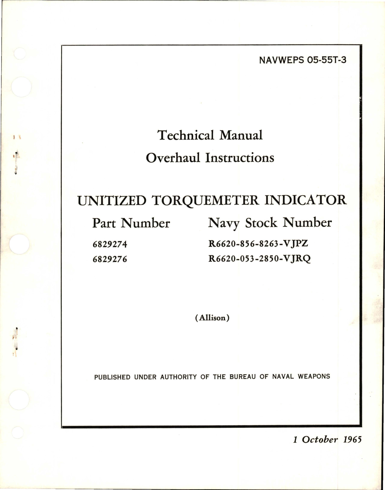 Sample page 1 from AirCorps Library document: Overhaul Instructions for Unitized Torquemeter Indicator - Parts 6829274 and 6829276