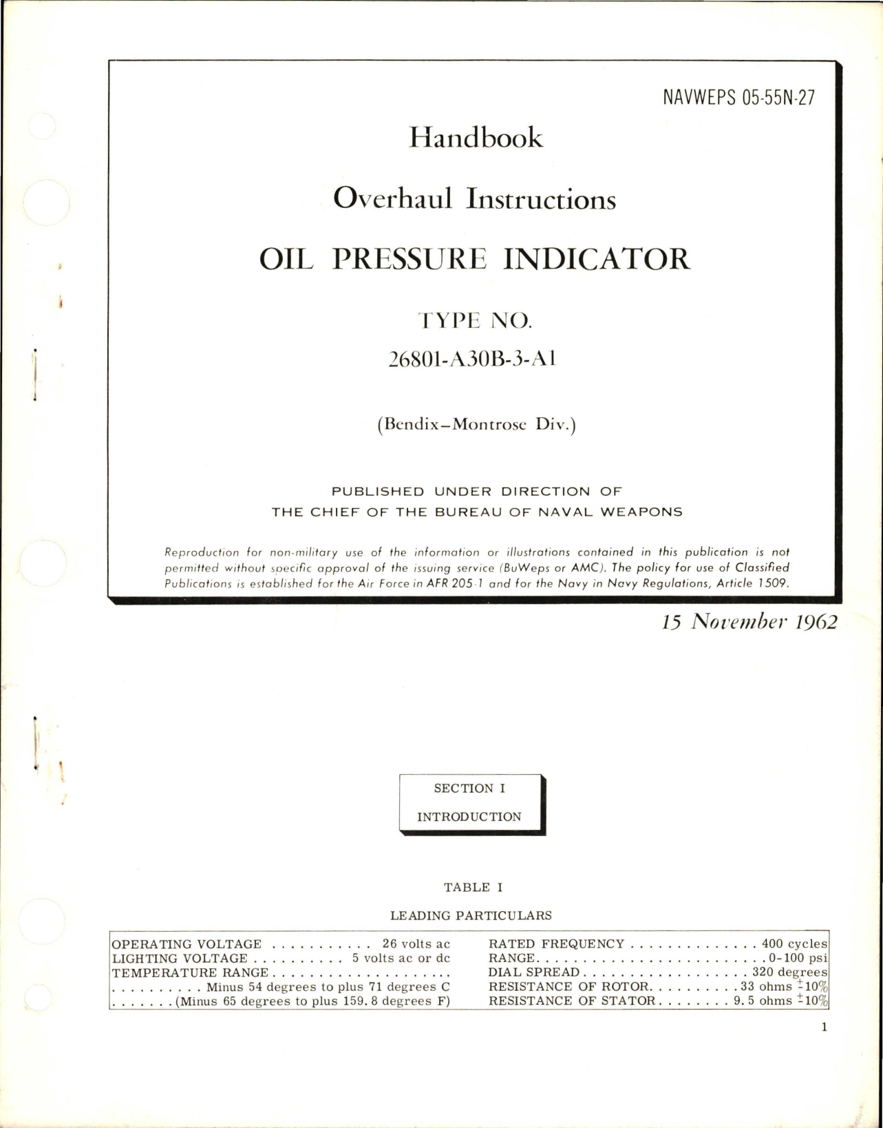 Sample page 1 from AirCorps Library document: Overhaul Instructions for Oil Pressure Indicator - Type 26801-A30B-A1