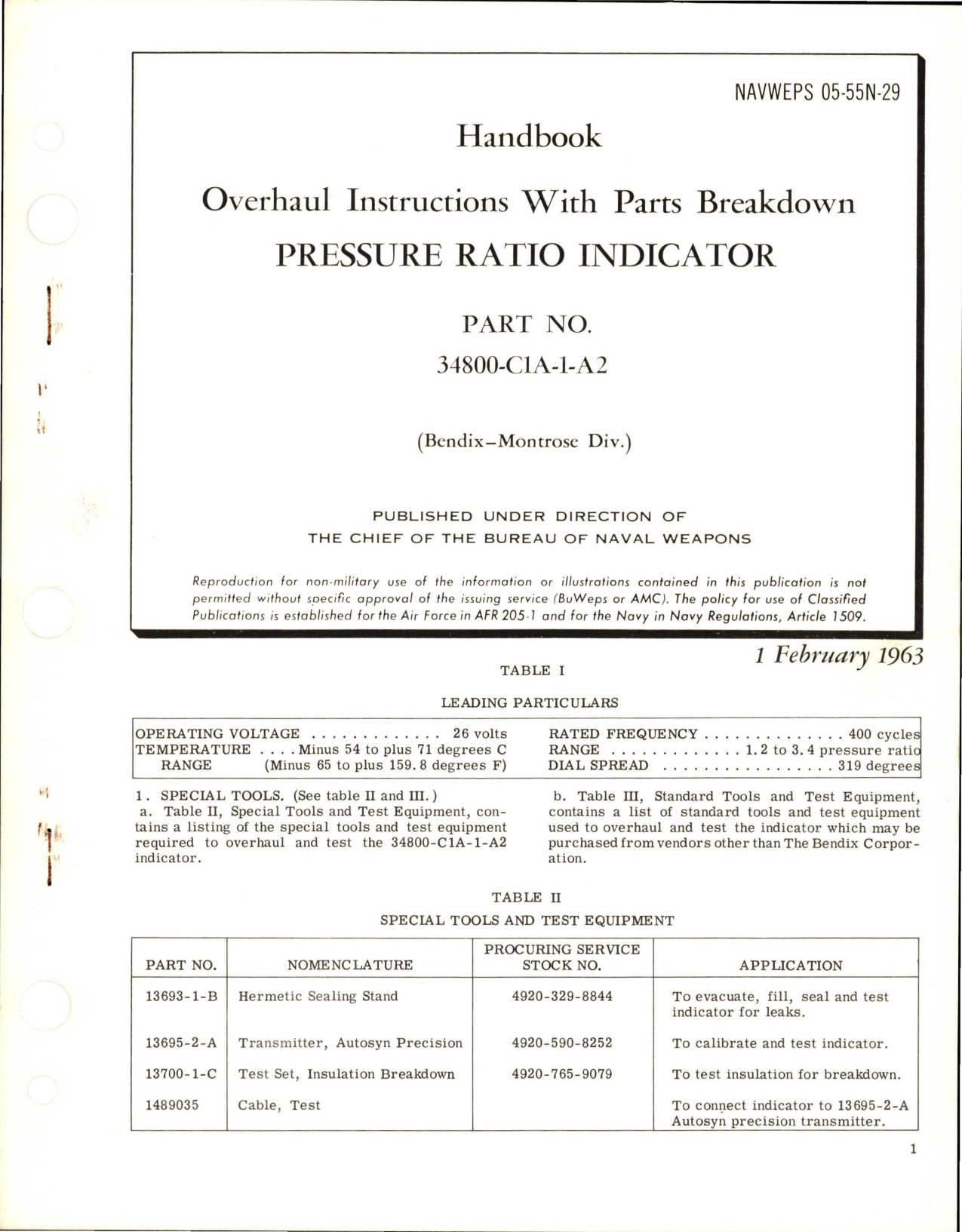 Sample page 1 from AirCorps Library document: Overhaul Instructions with Parts Breakdown for Pressure Ratio Indicator - Part 34800-C1A-1-A2