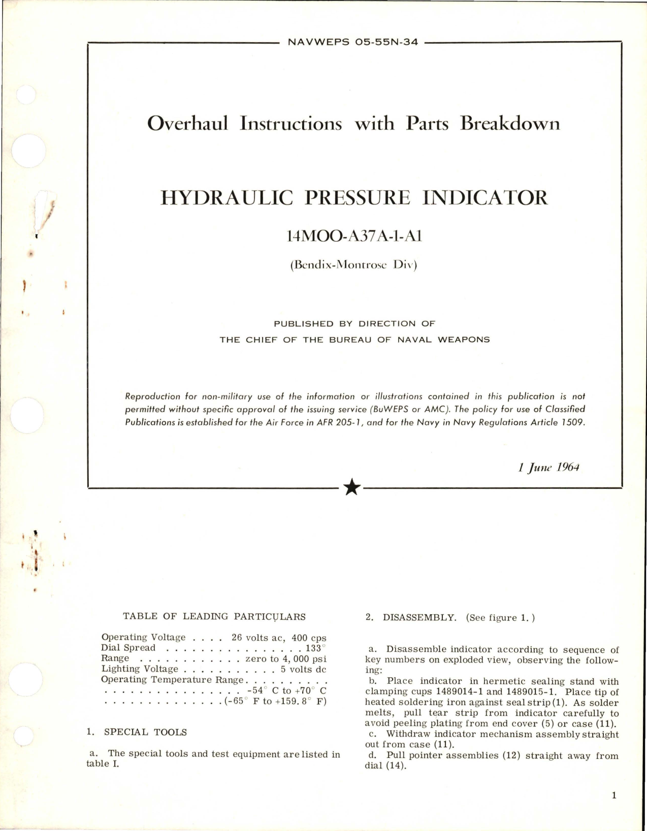 Sample page 1 from AirCorps Library document: Overhaul Instructions with Parts Breakdown for Hydraulic Pressure Indicator - 14MOO-A37A-1-A1