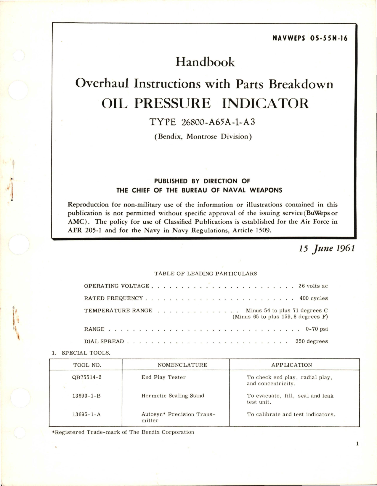 Sample page 1 from AirCorps Library document: Overhaul Instructions with Parts Breakdown for Oil Pressure Indicator - Type 26800-A65A-1-A3