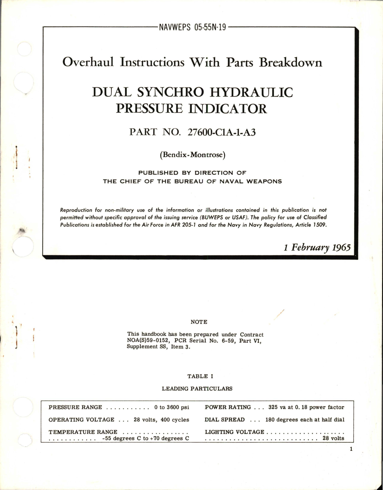 Sample page 1 from AirCorps Library document: Overhaul Instructions with Parts Breakdown for Dual Synchro Hydraulic Pressure Indicator - Part 27600-C1A-1-A3