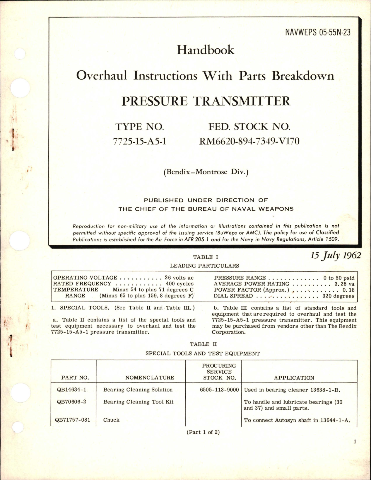 Sample page 1 from AirCorps Library document: Overhaul Instructions with Parts Breakdown for Pressure Transmitter - Type 7725-15-A5-1