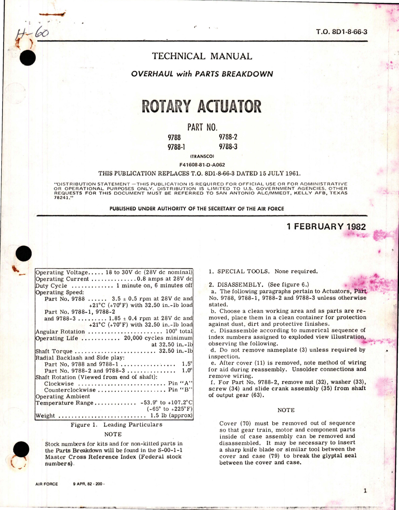 Sample page 1 from AirCorps Library document: Overhaul with Parts Breakdown for Rotary Actuator - Parts 9788, 9788-1, 9788-2, 9788-3