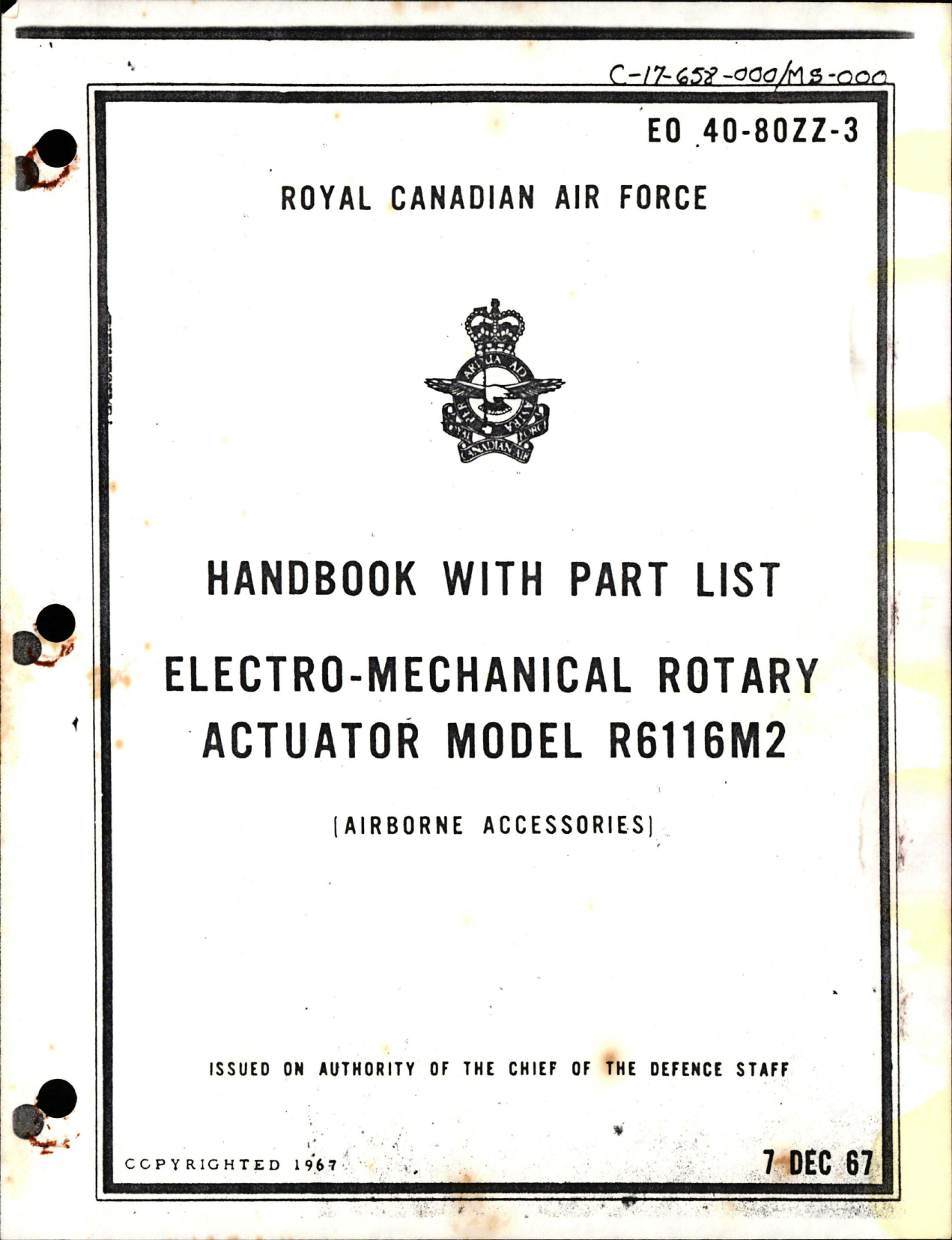 Sample page 1 from AirCorps Library document: Handbook with Parts List for Electro-Mechanical Rotary Actuator Model R6116M2 