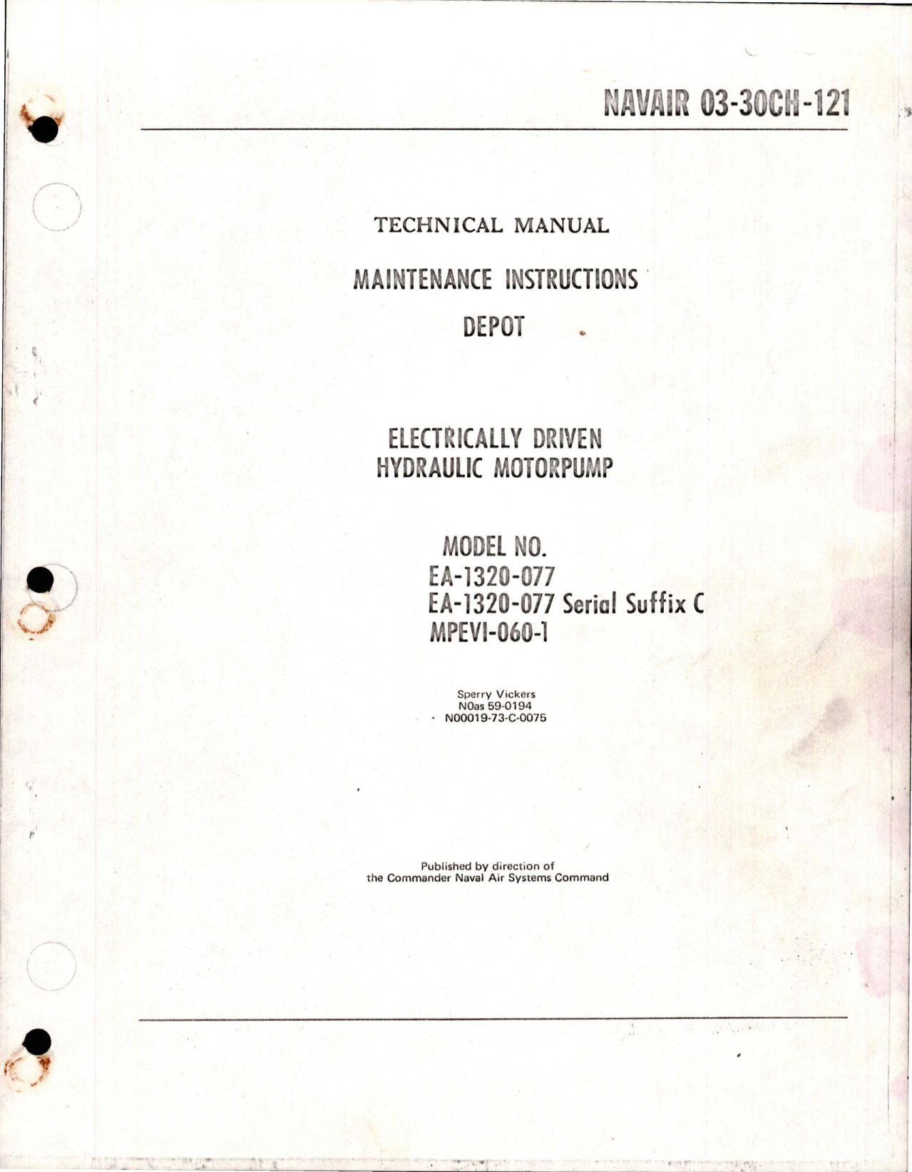 Sample page 1 from AirCorps Library document: Maintenance Instructions for Electrically Driven Hydraulic Motorpump - Models EA-1320-077, EA-1320-077C, MPEVI-060-1