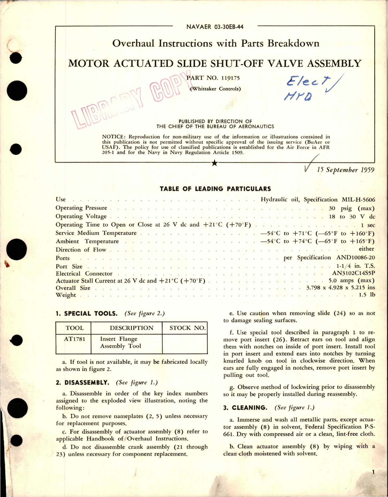 Sample page 1 from AirCorps Library document: Overhaul Instructions with Parts for Motor Actuated Slide Shut-Off Valve Assembly - Part 119175
