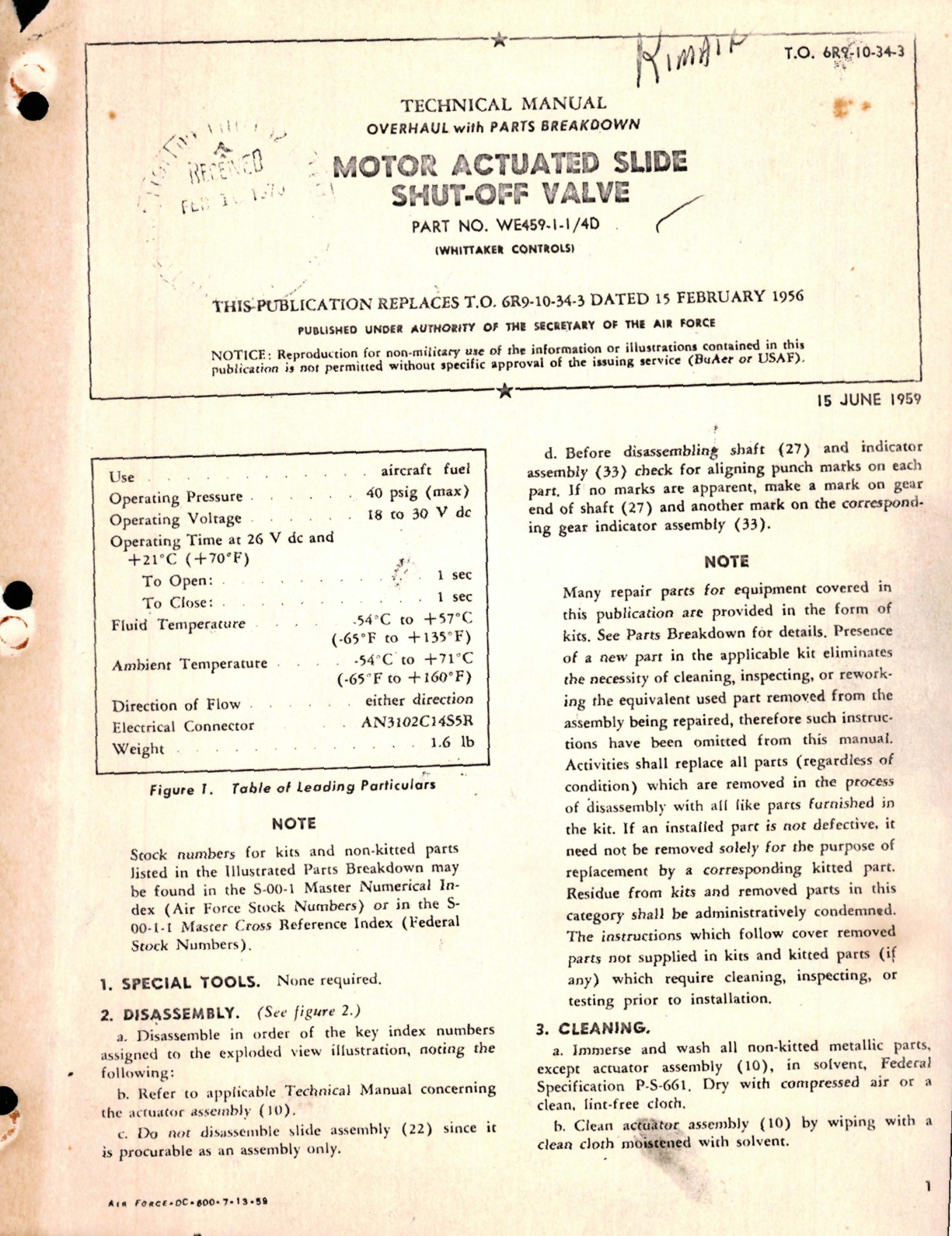 Sample page 1 from AirCorps Library document: Overhaul with Parts Breakdown for Motor Actuated Slide Shut-Off Valve - Part WE459-1-1/4D