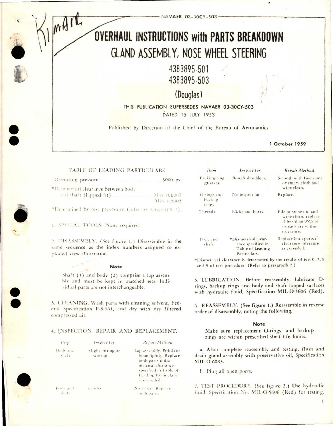 Sample page 1 from AirCorps Library document: Overhaul Instructions with Parts for Nose Wheel Steering Glad Assembly - 4383895-501 and 4383895-503