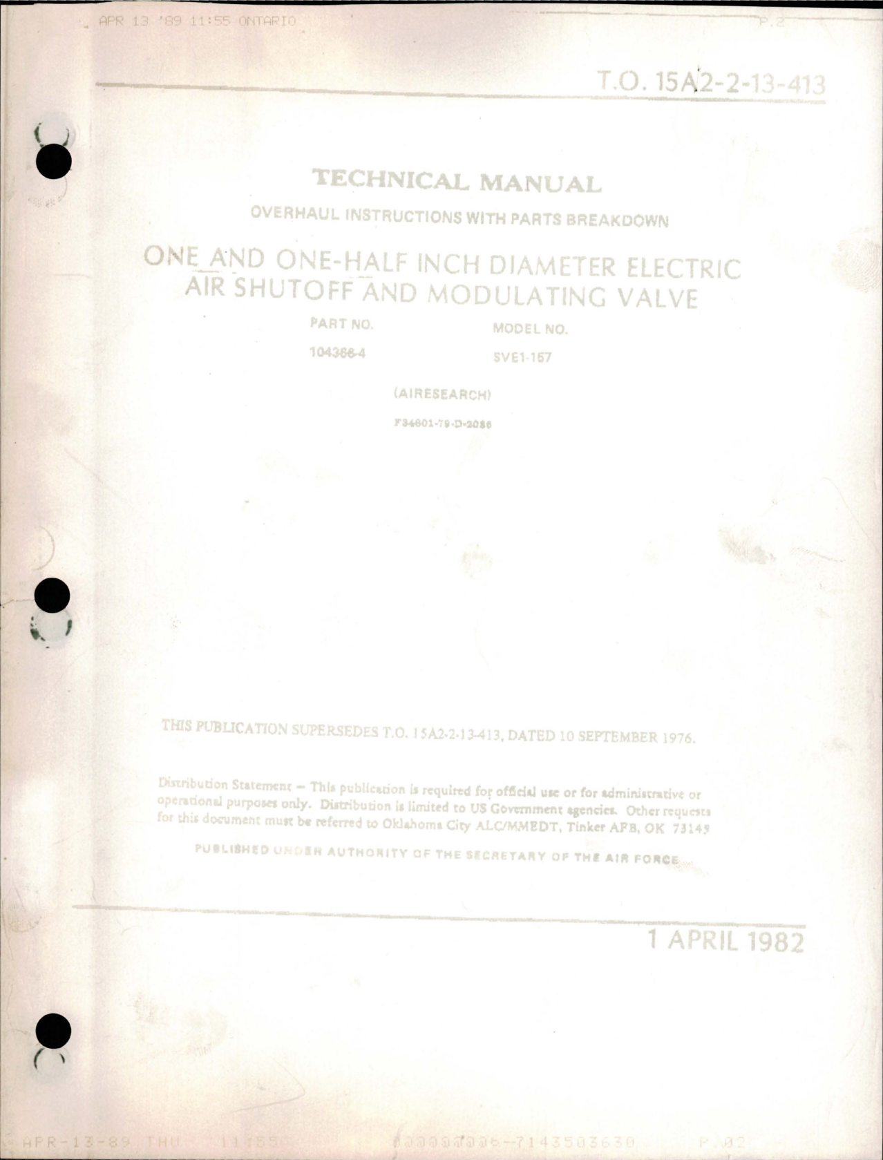 Sample page 1 from AirCorps Library document: Overhaul Instructions with Parts for One and one Half inch Diameter Electric Air Shutoff and Modulating Valve - 104366-4 - Model SVE1-157