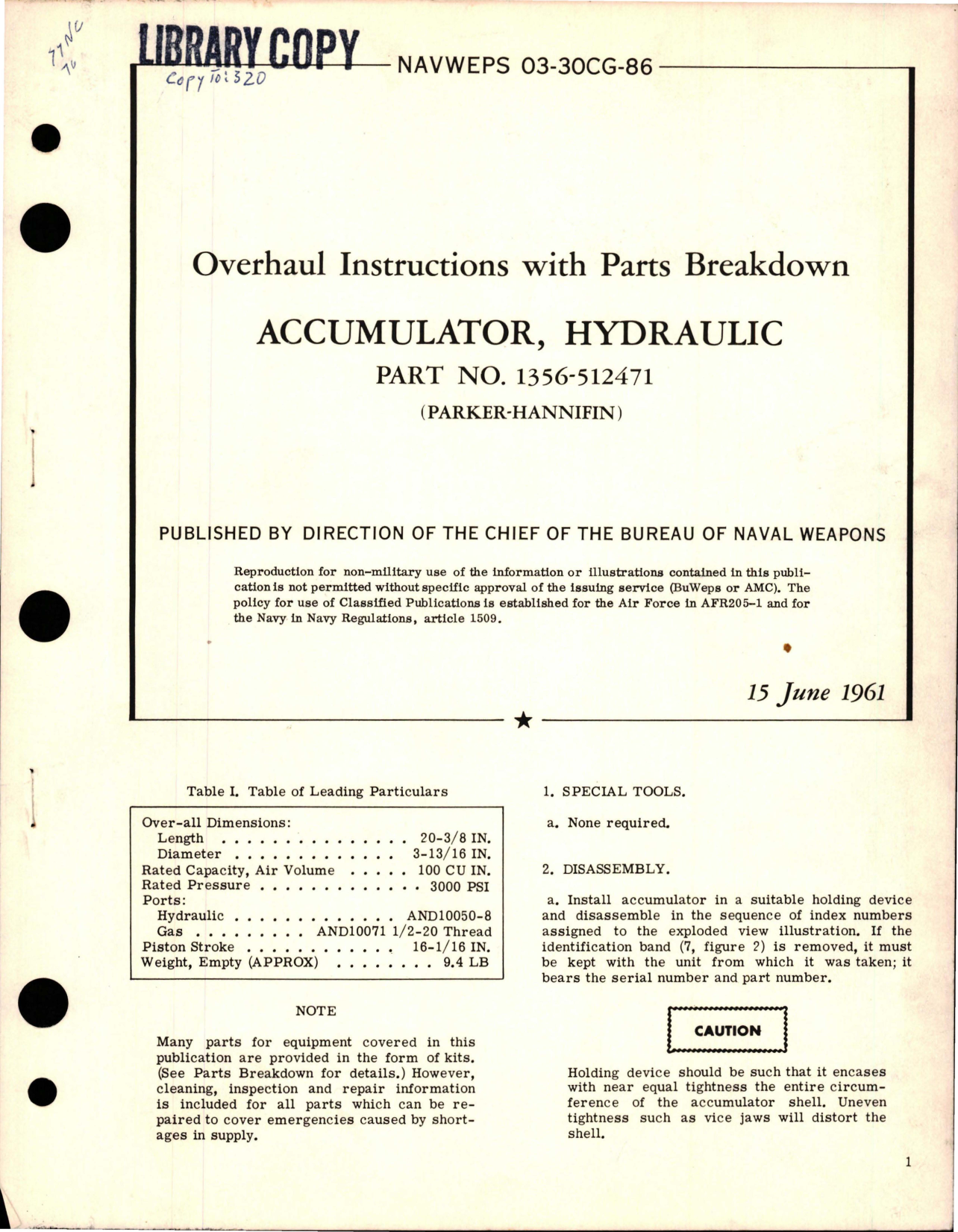 Sample page 1 from AirCorps Library document: Overhaul Instructions with Parts Breakdown for Hydraulic Accumulator - Part 1356-512471