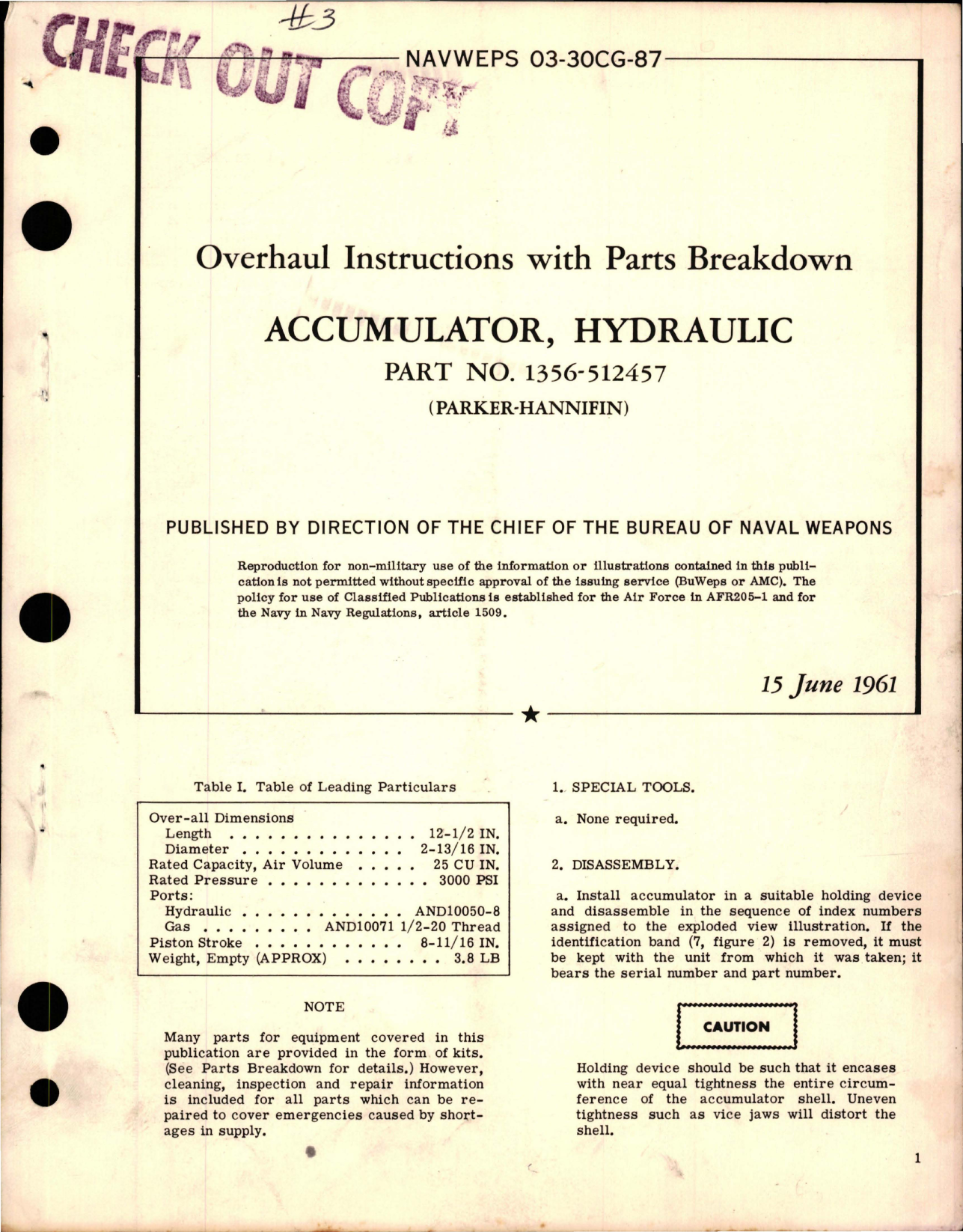 Sample page 1 from AirCorps Library document: Overhaul Instructions with Parts Breakdown for Hydraulic Accumulator - Part 1356-512457