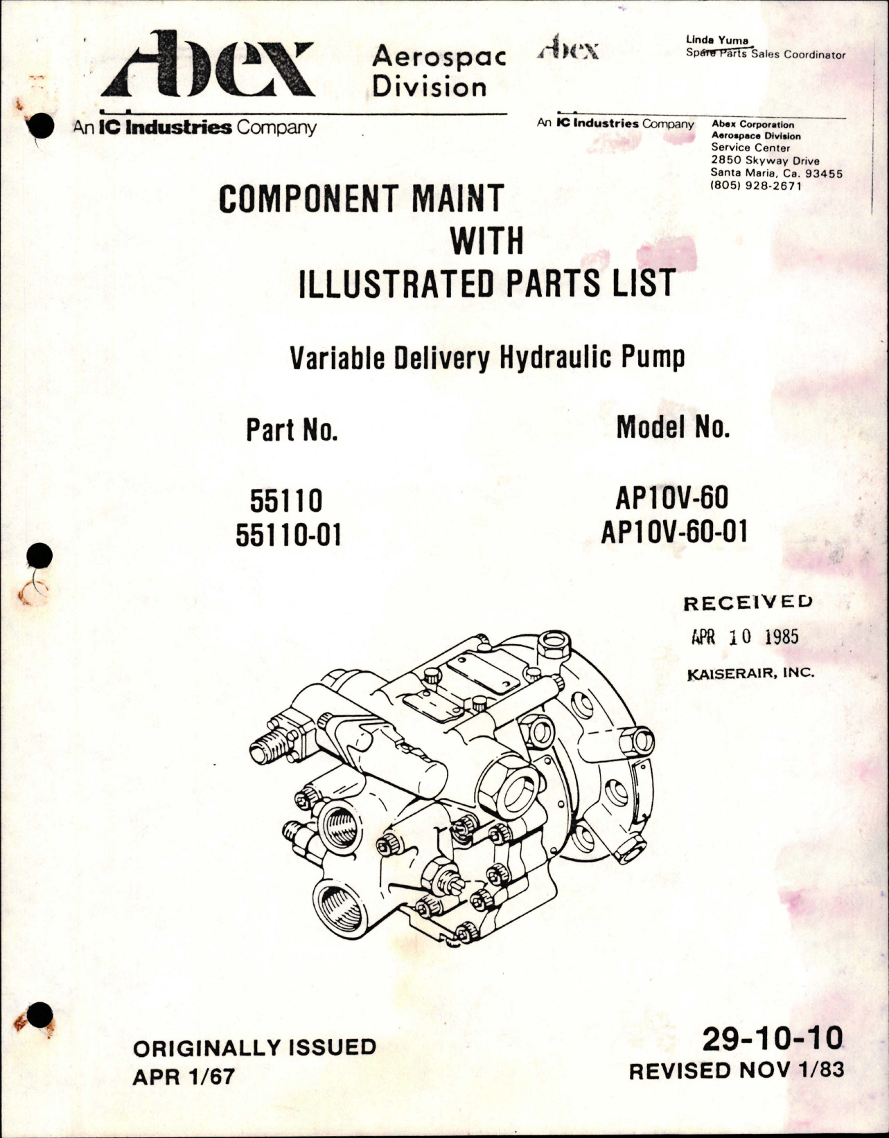Sample page 1 from AirCorps Library document: Maintenance with Illustrated Parts List for Variable Delivery Hydraulic Pump - Part 55110, 55110-01