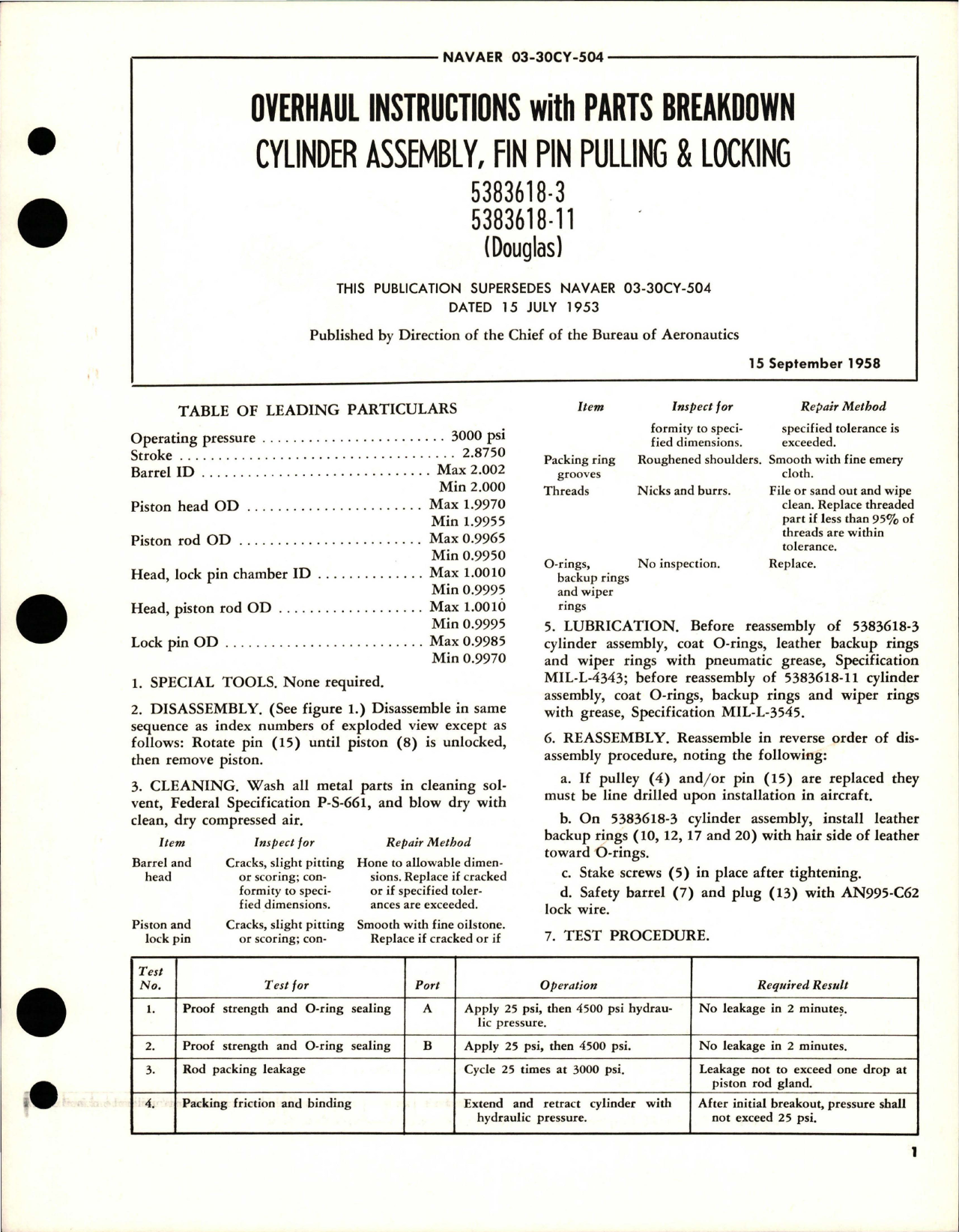 Sample page 1 from AirCorps Library document: Overhaul Instructions with Parts for Fin Pin Pulling and Locking Cylinder Assembly - 5383618-3 and 5383618-11