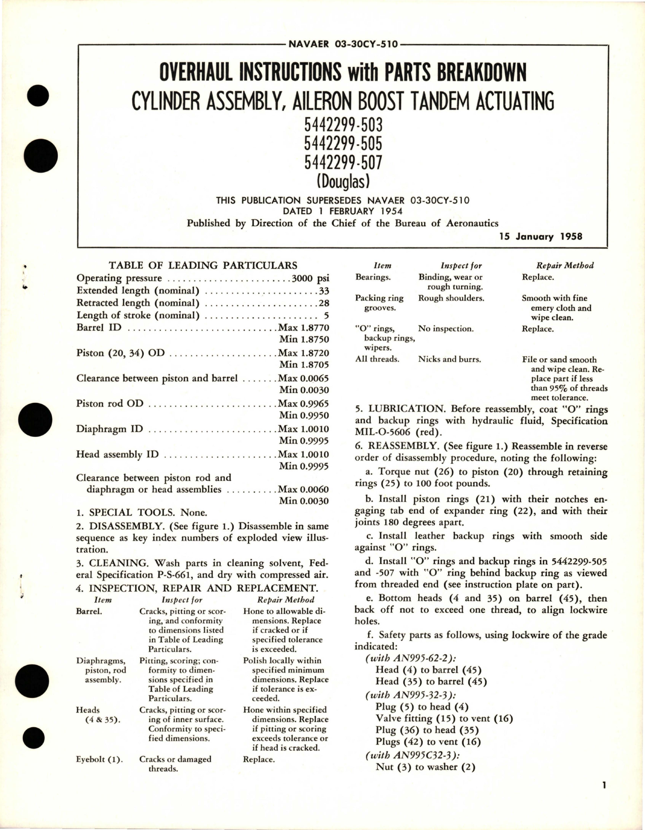 Sample page 1 from AirCorps Library document: Overhaul Instructions with Parts for Aileron Boost Tandem Actuating Cylinder Assembly