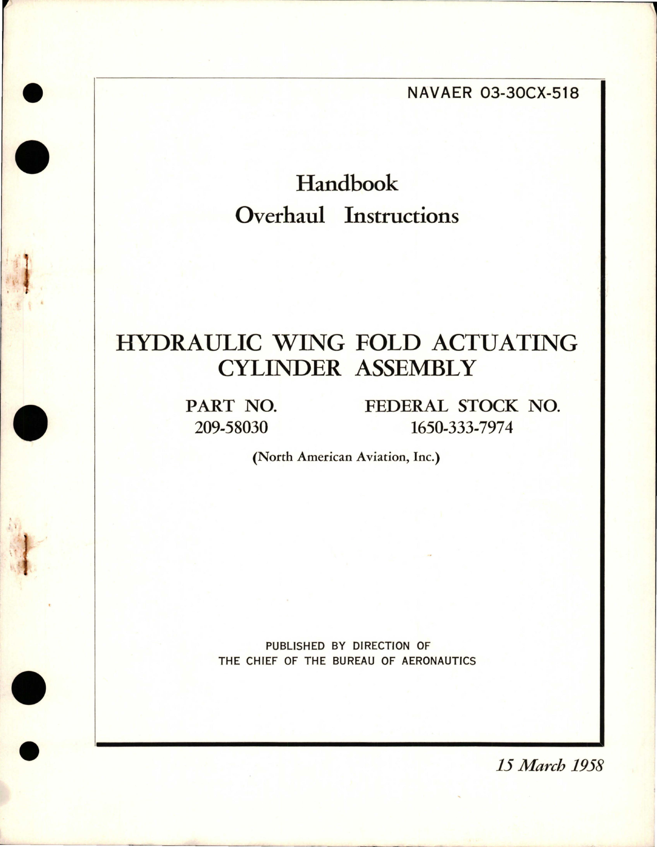 Sample page 1 from AirCorps Library document: Overhaul Instructions for Hydraulic Wing Fold Actuating Cylinder Assembly - Part 209-58030 