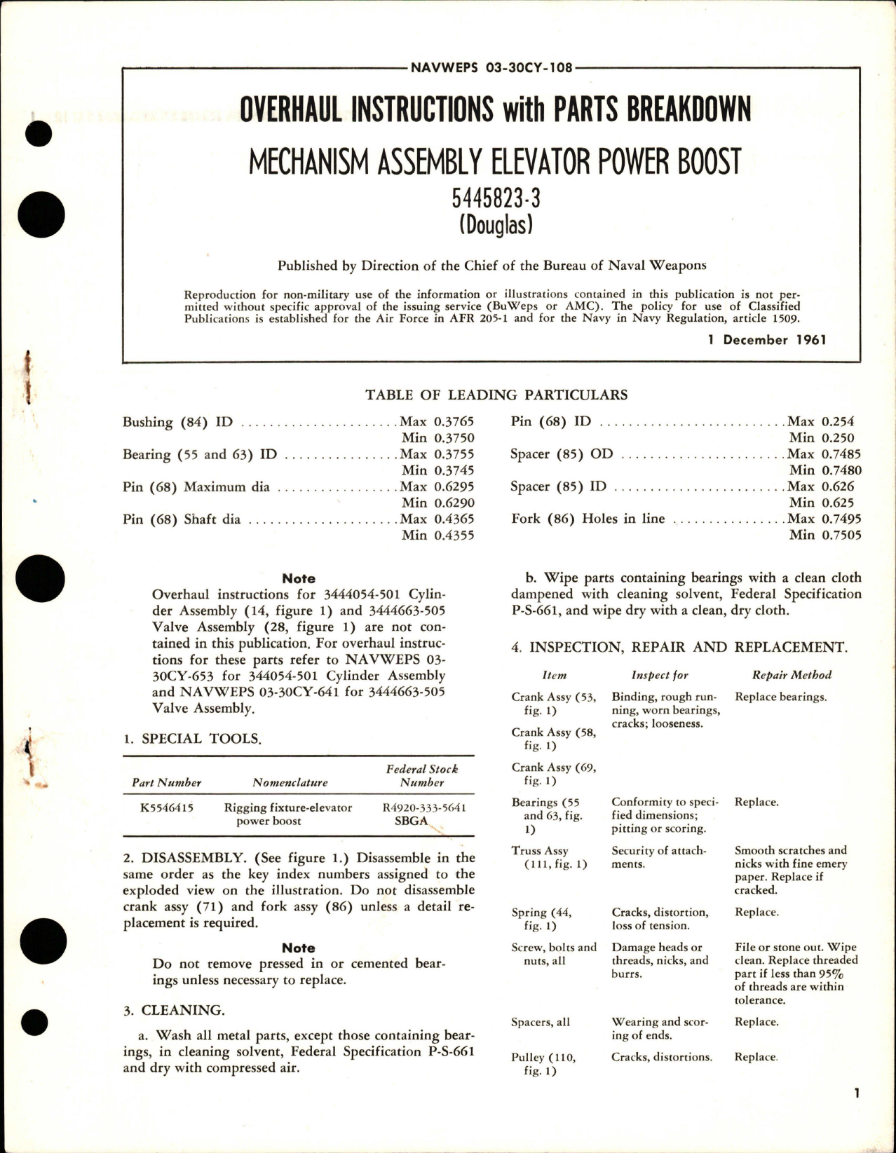Sample page 1 from AirCorps Library document: Overhaul Instructions with Parts for Mechanism Assembly Elevator Power Boost - 5445823-3