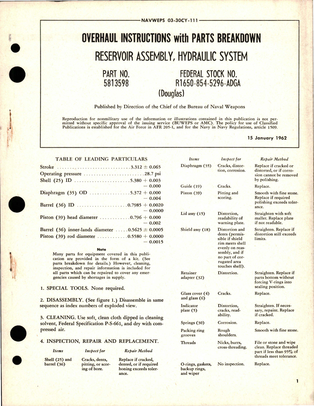 Sample page 1 from AirCorps Library document: Overhaul Instructions with Parts for Hydraulic System Reservoir Assembly - Part 5813598