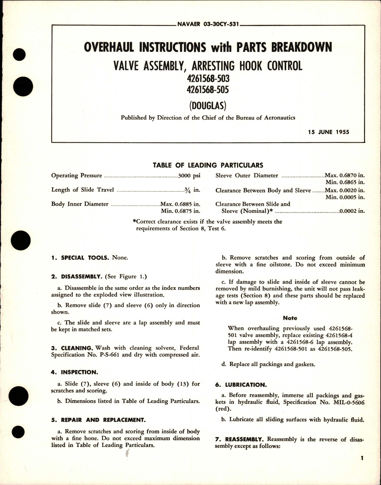 Sample page 1 from AirCorps Library document: Overhaul Instructions with Parts for Arresting Hook Control Valve Assembly - 4261568-503, 4261568-505