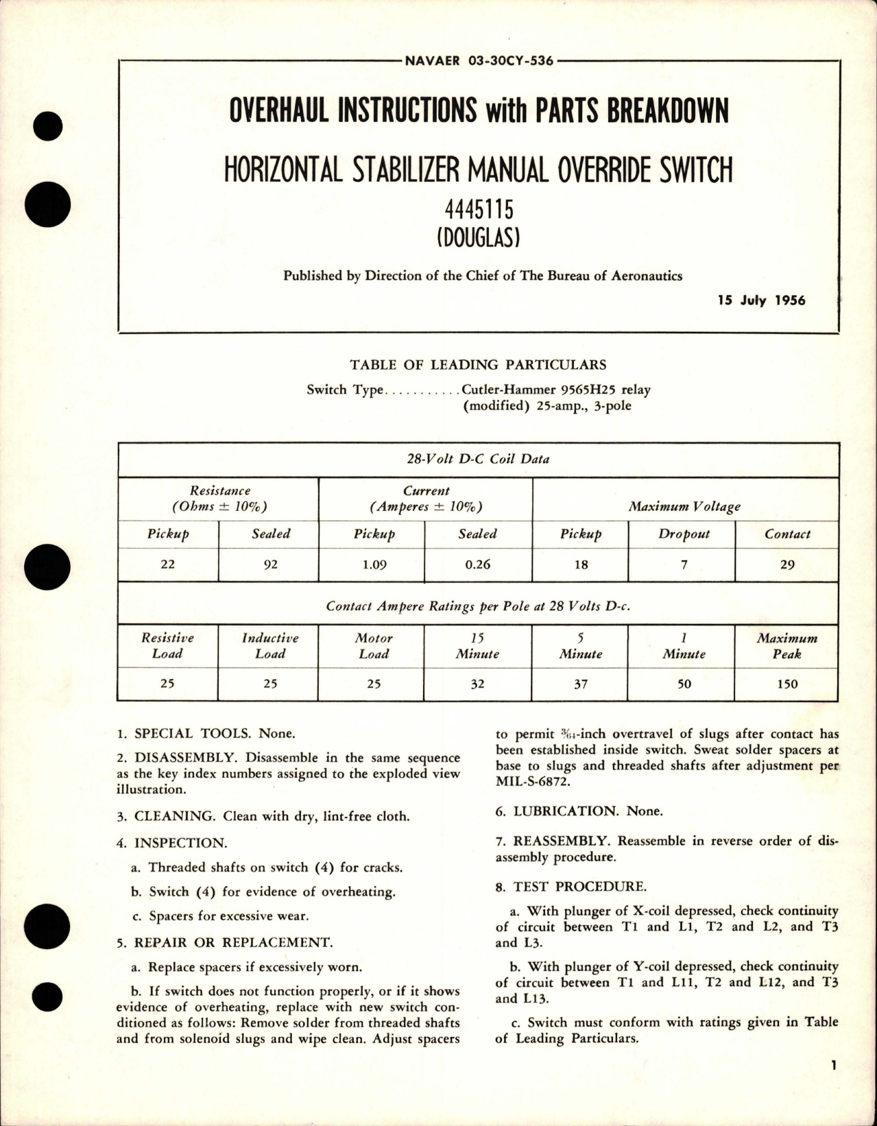 Sample page 1 from AirCorps Library document: Overhaul Instructions with Parts for Horizontal Stabilizer Manual Override Switch - 4445115