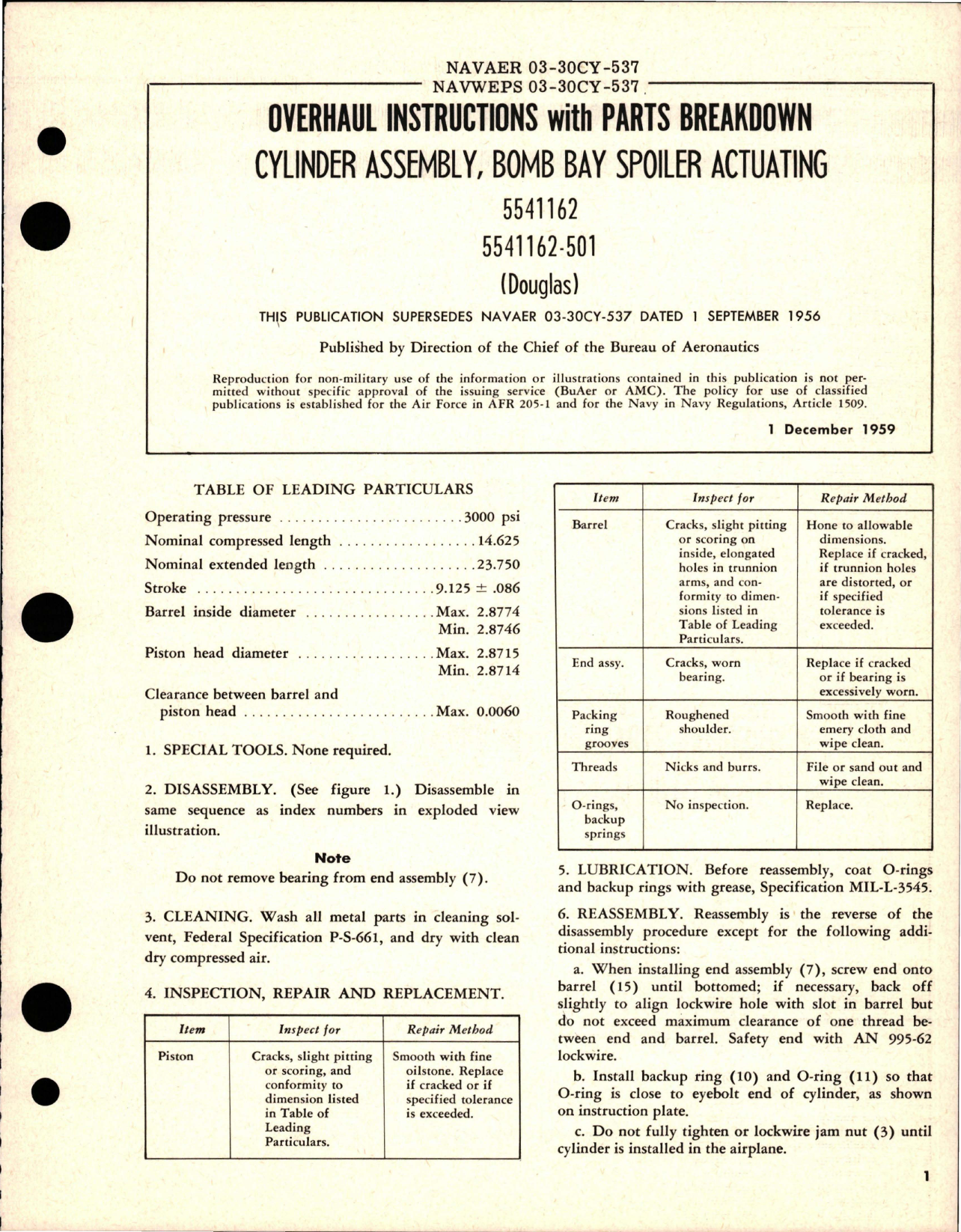 Sample page 1 from AirCorps Library document: Overhaul Instructions with Parts for Bomb Bay Spoiler Actuating Cylinder Assembly - 5541162 and 5541162-501