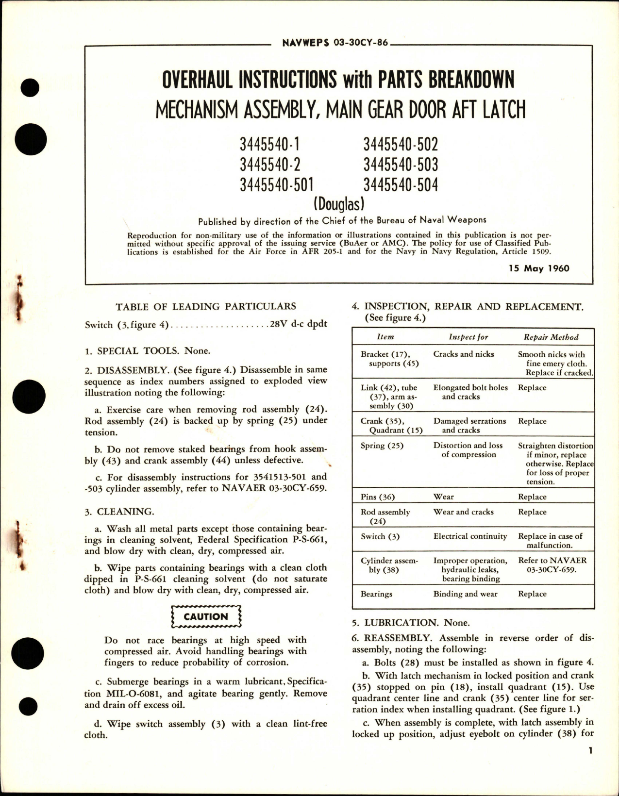 Sample page 1 from AirCorps Library document: Overhaul Instructions with Parts for Main Gear Door Aft Latch Mechanism Assembly
