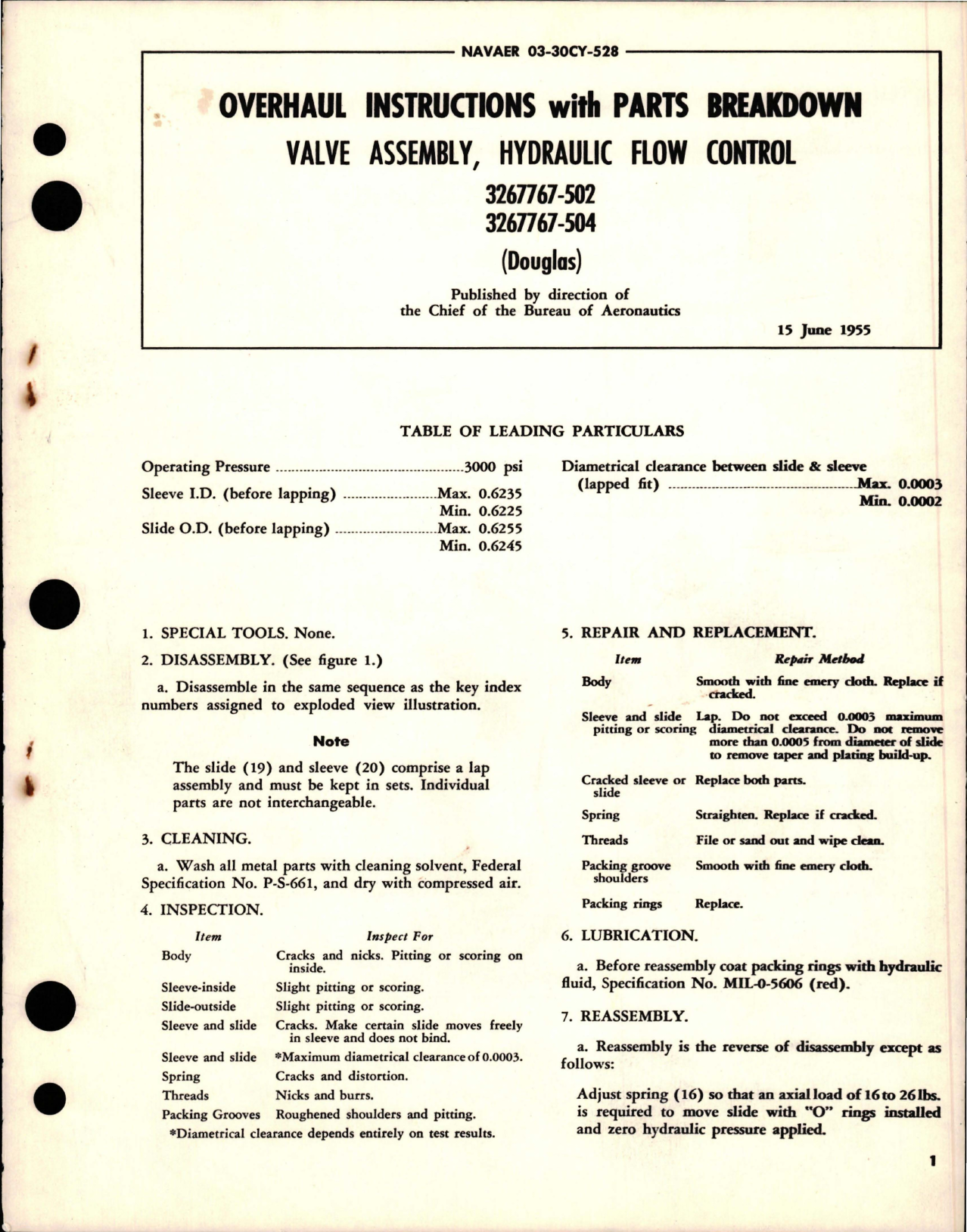 Sample page 1 from AirCorps Library document: Overhaul Instructions with Parts Breakdown for Hydraulic Flow Control Valve Assembly - 3267767-502, 3267767-504