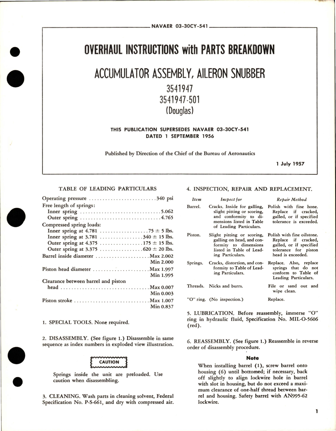 Sample page 1 from AirCorps Library document: Overhaul Instructions with Parts Breakdown for Aileron Snubber Accumulator Assembly - 3541947, 3541947-501