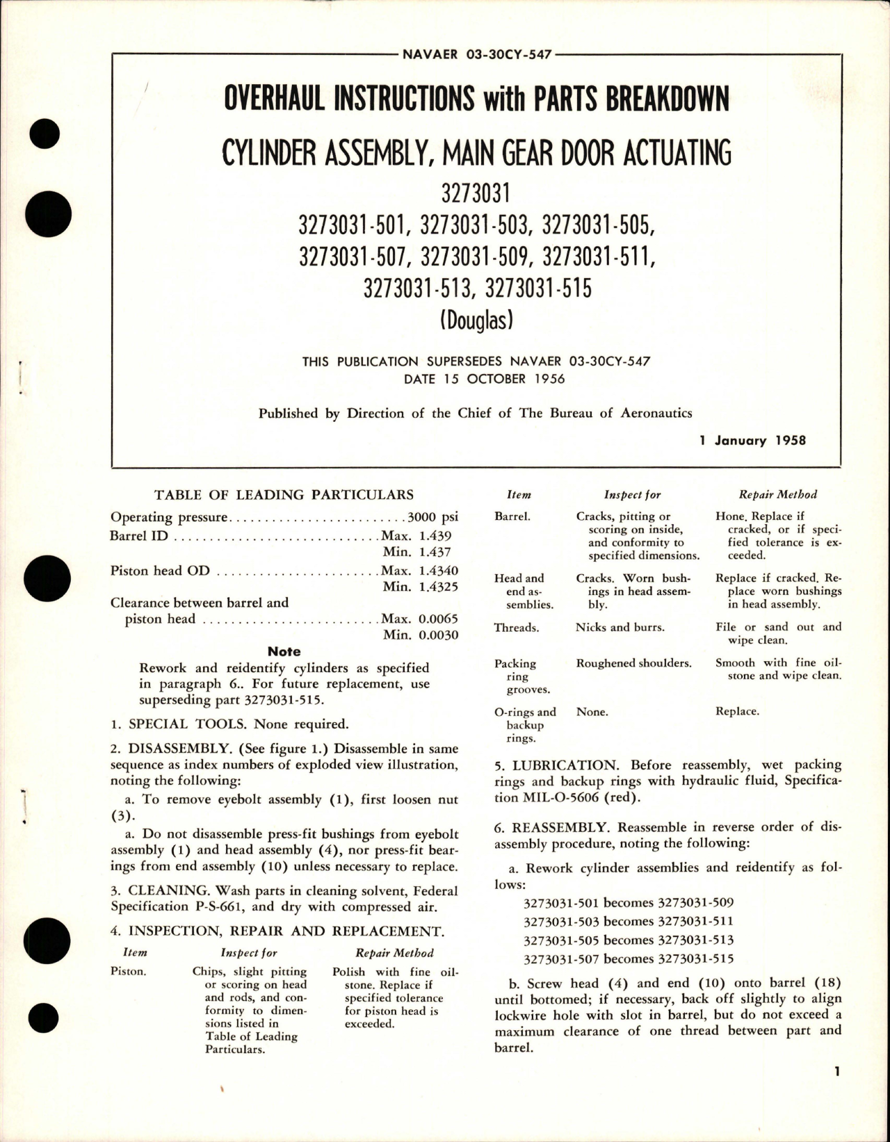 Sample page 1 from AirCorps Library document: Overhaul Instructions with Parts for Main Gear Door Actuating Cylinder Assembly