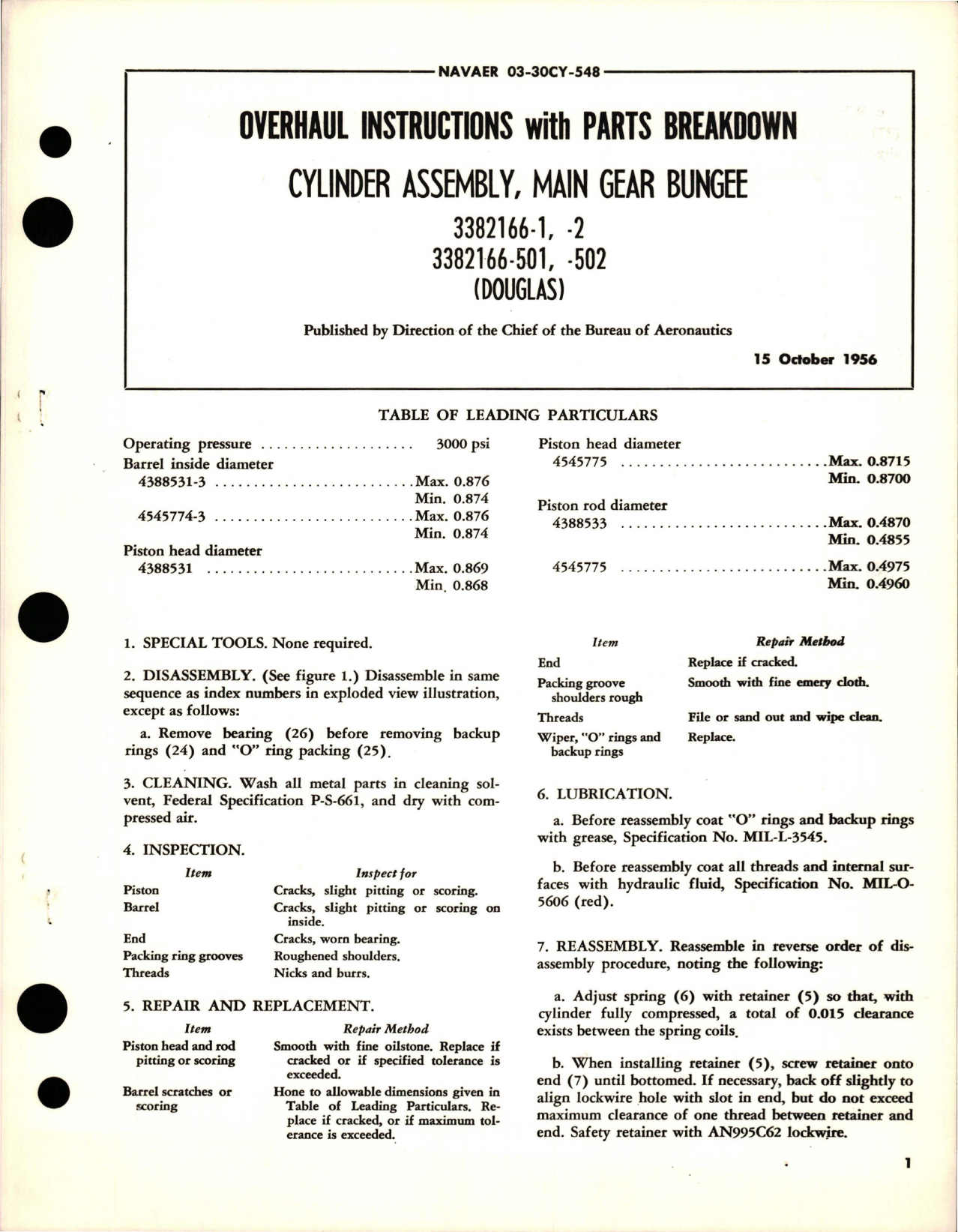 Sample page 1 from AirCorps Library document: Overhaul Instructions with Parts Breakdown for Main Gear Bungee Cylinder Assembly - 3382166-1, 3382166-2, 3382166-501, and 3382166-502