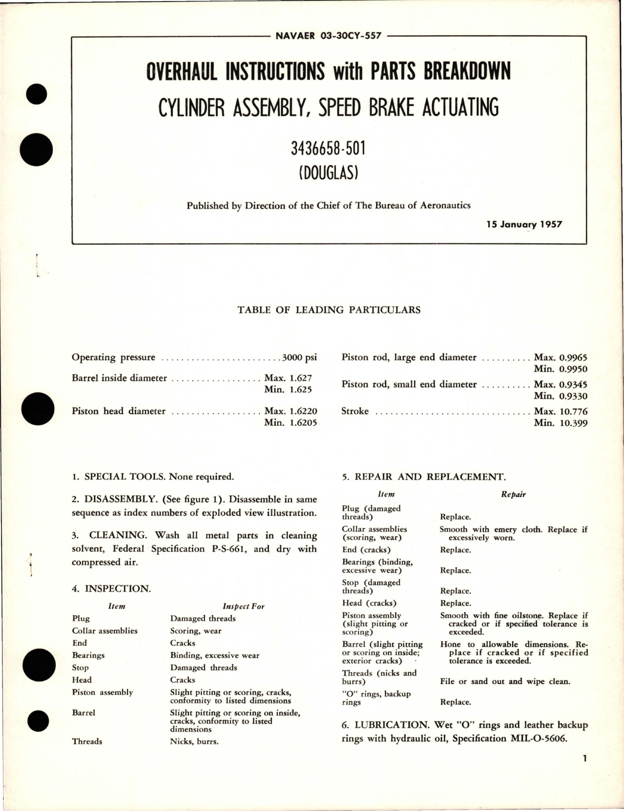 Sample page 1 from AirCorps Library document: Overhaul Instructions with Parts Breakdown for Speed Brake Actuating Cylinder Assembly - 3436658-501