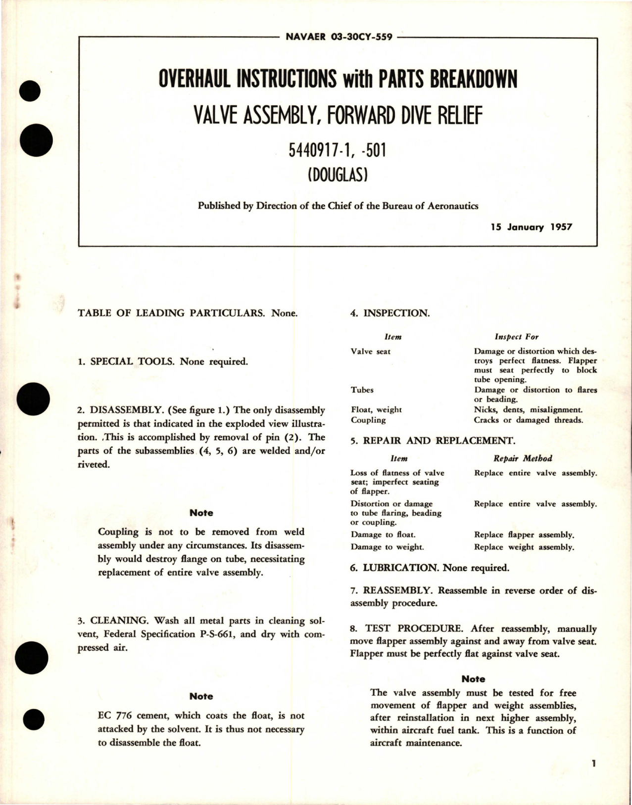 Sample page 1 from AirCorps Library document: Overhaul Instructions with Parts Breakdown for Forward Dive Relief Valve Assembly - 5440917-1, 5440917-501
