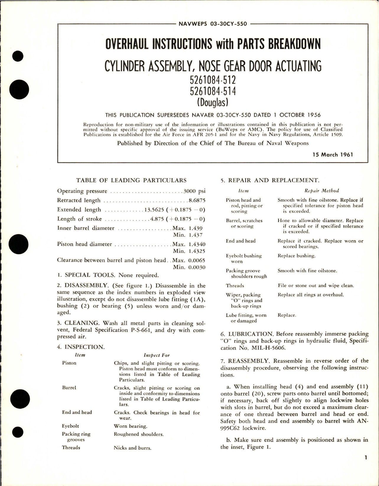Sample page 1 from AirCorps Library document: Overhaul Instructions with Parts Breakdown for Nose Gear Door Actuating Cylinder Assembly - 5261084-512, 5261084-514