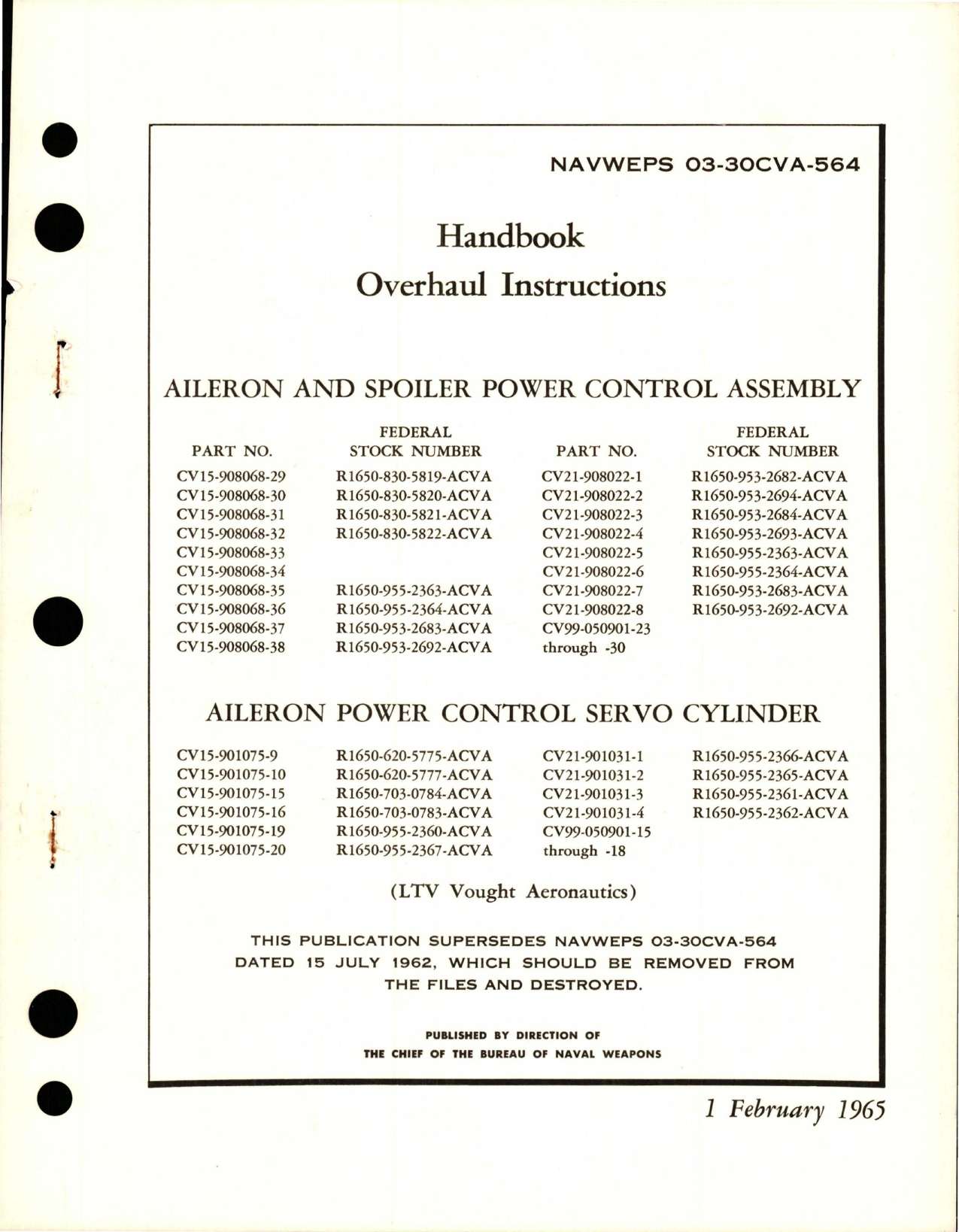 Sample page 1 from AirCorps Library document: Overhaul Instructions for Aileron & Spoiler Power Control Assembly and Servo Cylinder