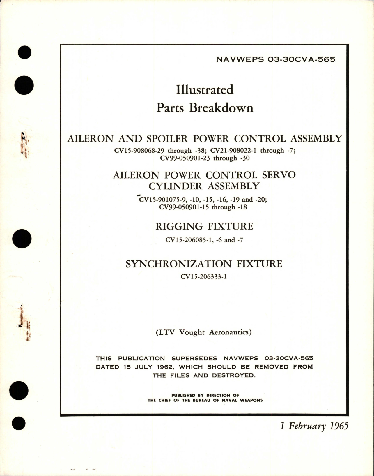 Sample page 1 from AirCorps Library document: Illustrated Parts Breakdown for Aileron and Spoiler Power Control and Cylinder Assemblies, Rigging and Synchronization Fixtures