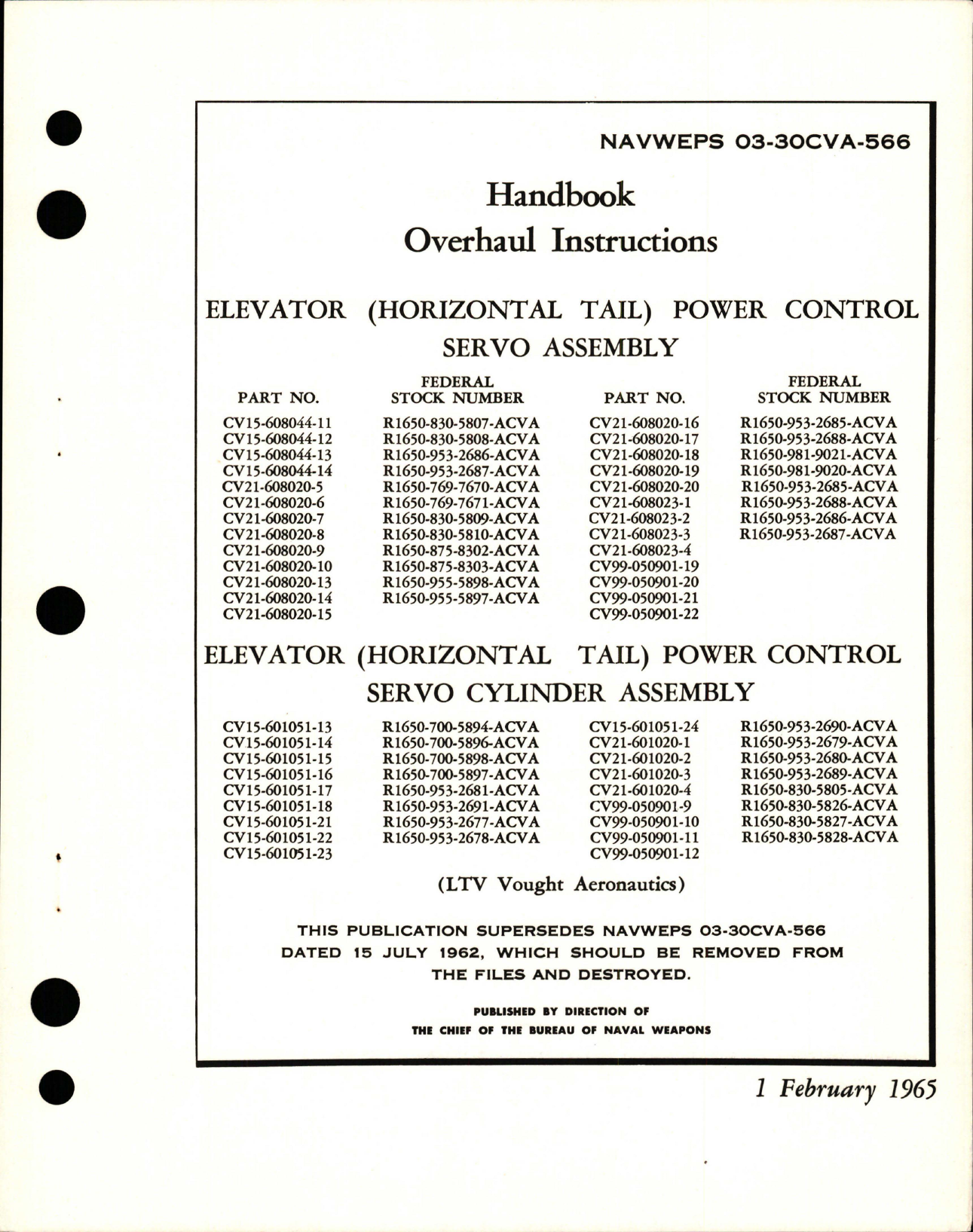 Sample page 1 from AirCorps Library document: Overhaul Instructions for Elevator (Horizontal Tail) Power Control Servo and Servo Cylinder Assembly