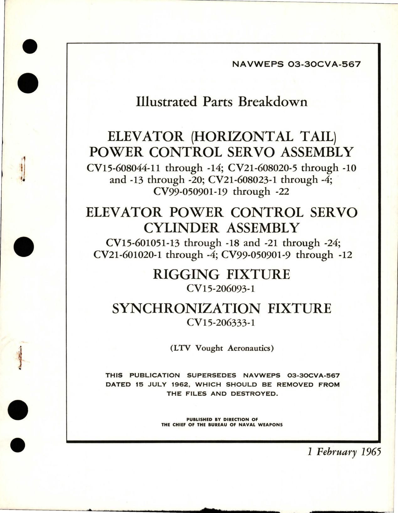 Sample page 1 from AirCorps Library document: Illustrated Parts Breakdown for Elevator (Horizontal Tail) Power Control Servo and Cylinder Assembly, Rigging and Synchronization Fixture